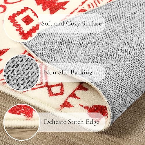 Miniatura 5 de Lahome Alfombra de baño con diseño de copos de nieve rojos, 2 x 3, rústico, marroquí, lavable, con parte trasera de goma suave, antideslizante,