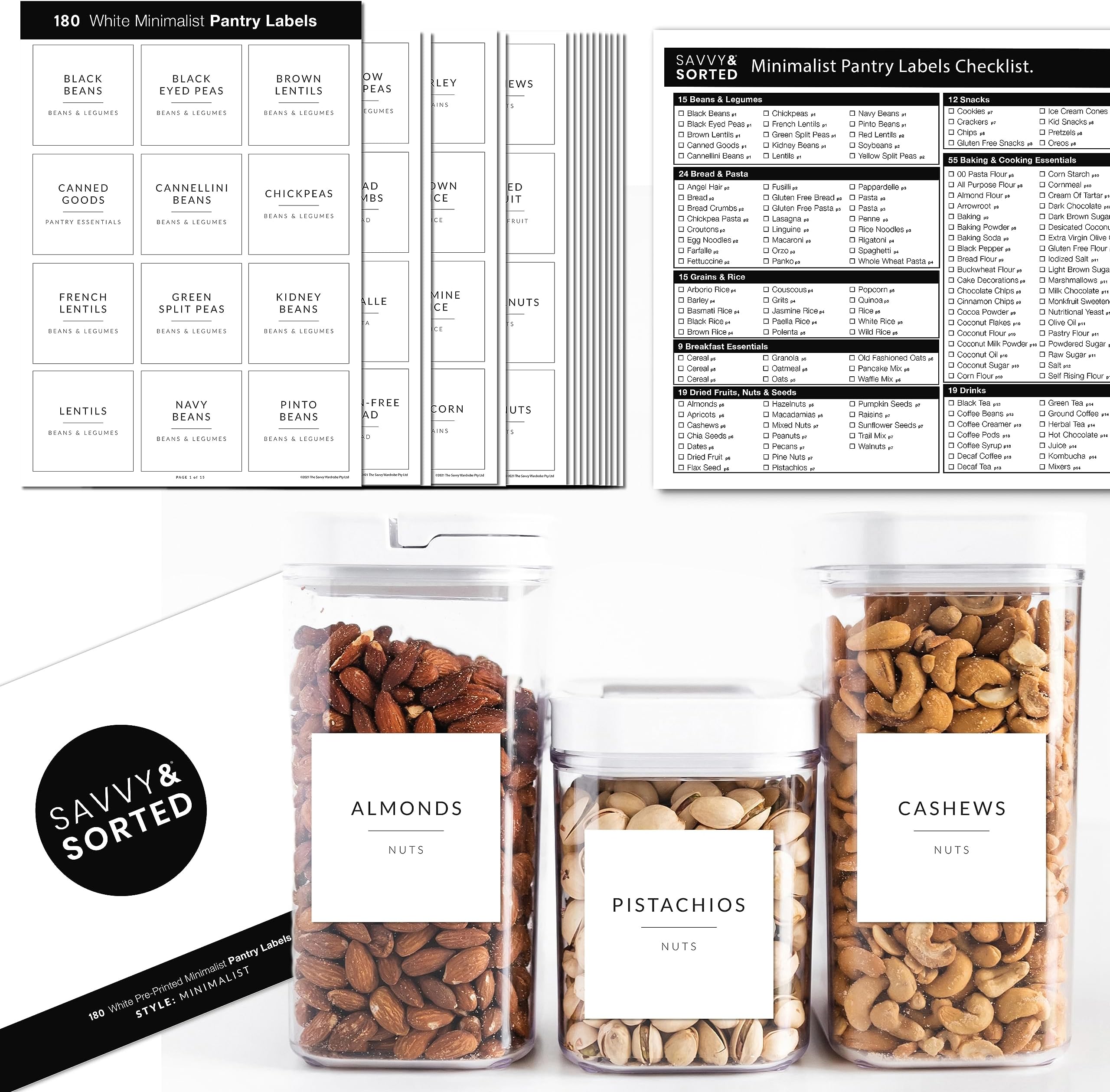 SAVVY & SORTED Minimalist Pantry Labels, 180 Waterproof Vinyl Stickers for Food Containers - Kitchen Labels for Organizing Storage Bins, Jars, Kitchen