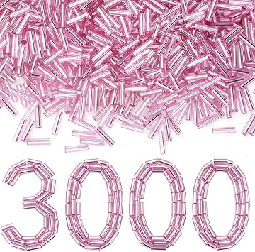 XIANNVXI 3000pcs Pink Glass Bugle Beads with 2PC Beading Needles Pink Tube Beads 6mm Long Bugle Bead for Jewelry Making Earring Bracelets Necklace Waist