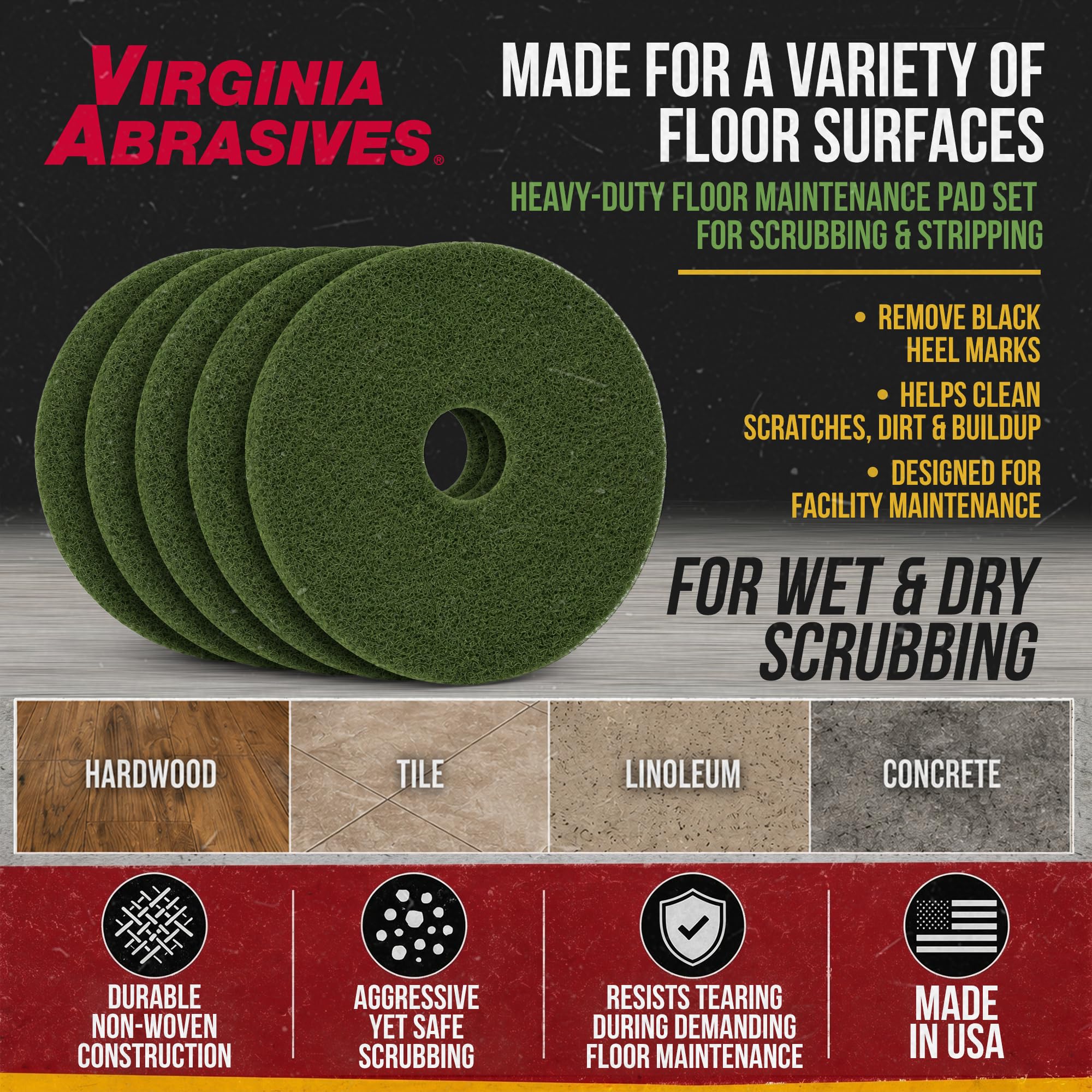 Virginia Abrasives Almohadillas de mantenimiento de suelos, almohadillas de repuesto de limpieza de pisos, almohadilla de pulido gruesa para hacer los suelos más limpios, almohadillas sintéticas no