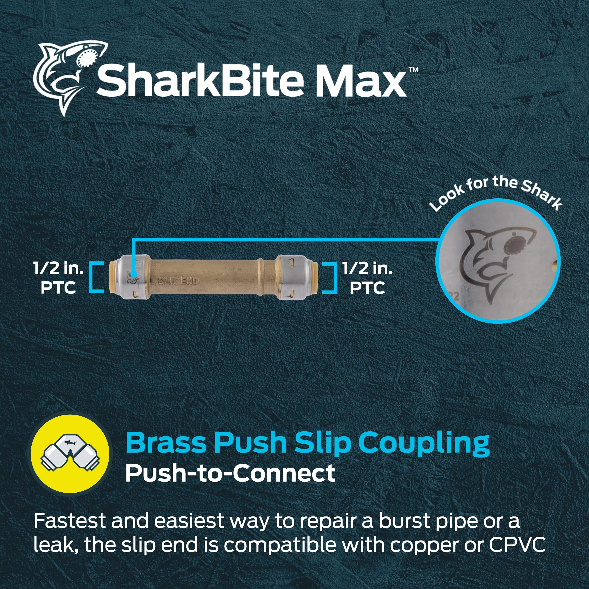SharkBite Acoplamiento deslizante máximo de 1/2 pulgada, empuje para conectar, accesorio de fontanería de latón, tubo PEX, cobre, CPVC, PE-RT, HDPE, UR3008A