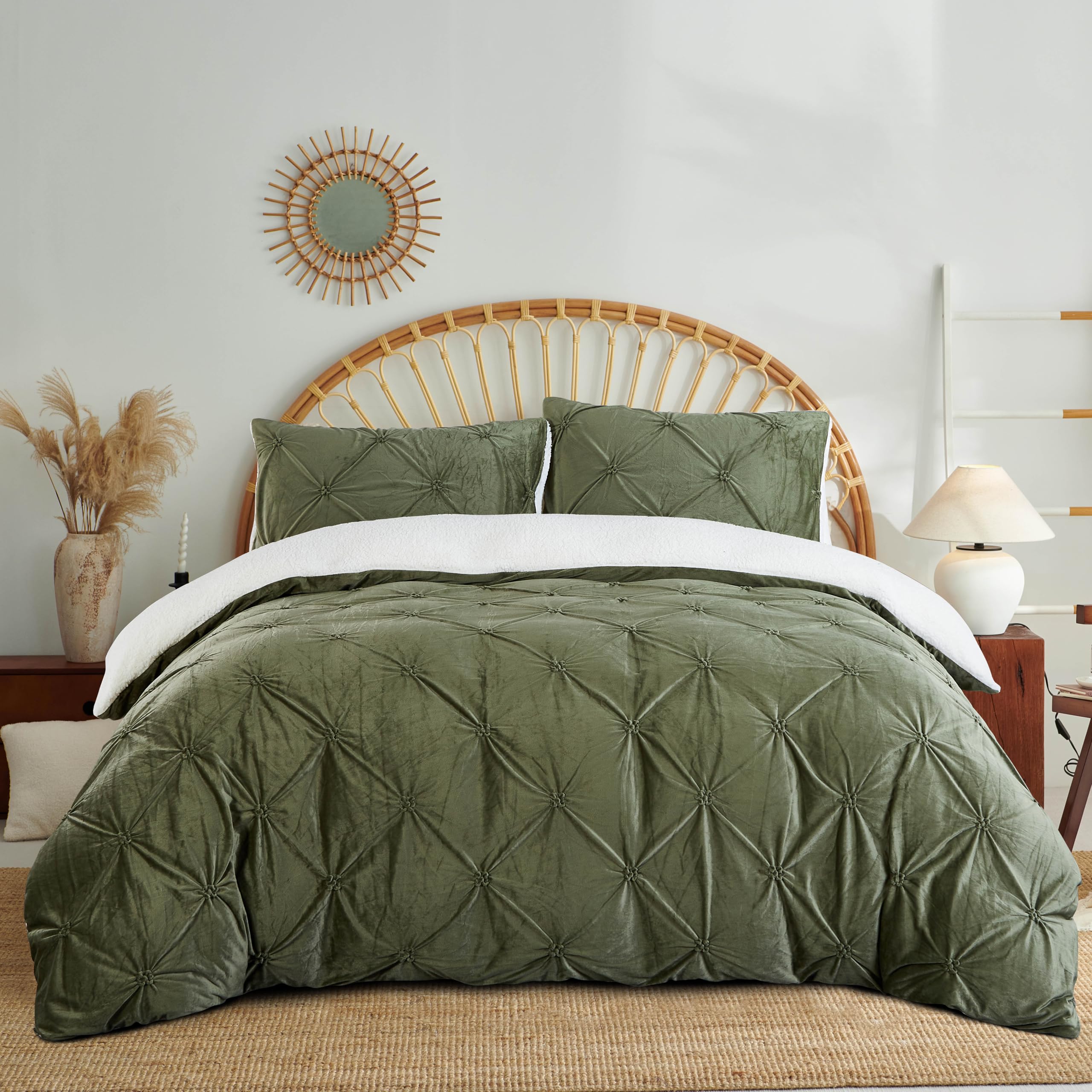 Funda nórdica de invierno de 220 x 240 cm, franela cálida, tacto Cashmere, forro polar, juego de cama de terciopelo verde militar, suave con cremallera, ropa de cama para 1 personas con 2 fundas de