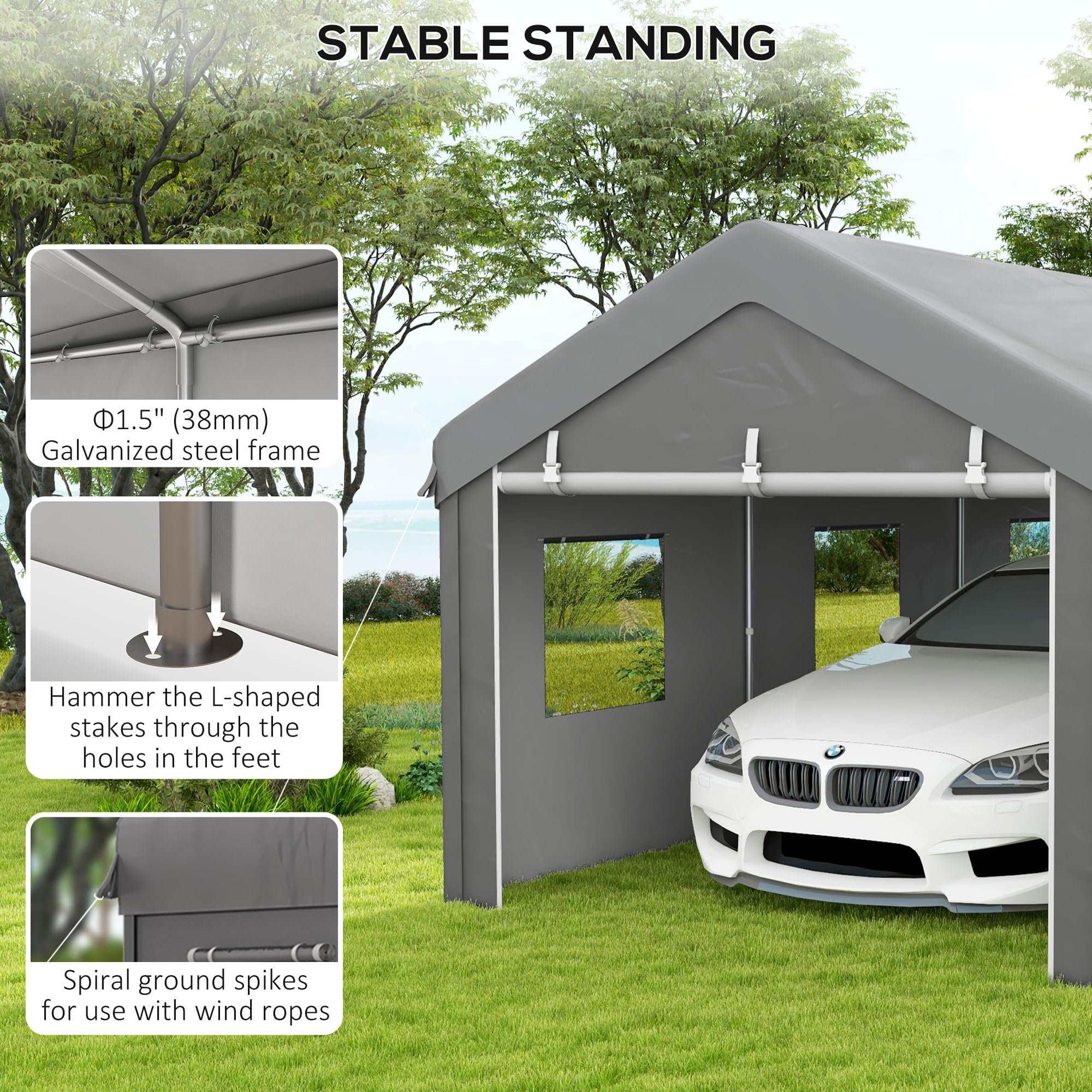 Outsunny Tente garage carport dim. 6L x 2,95l x 2,78H m robusto acciaio zincato PE ad alta densità 160 g/m² impermeabile anti-UV, 2 porte avvolgibili e 6 finestre