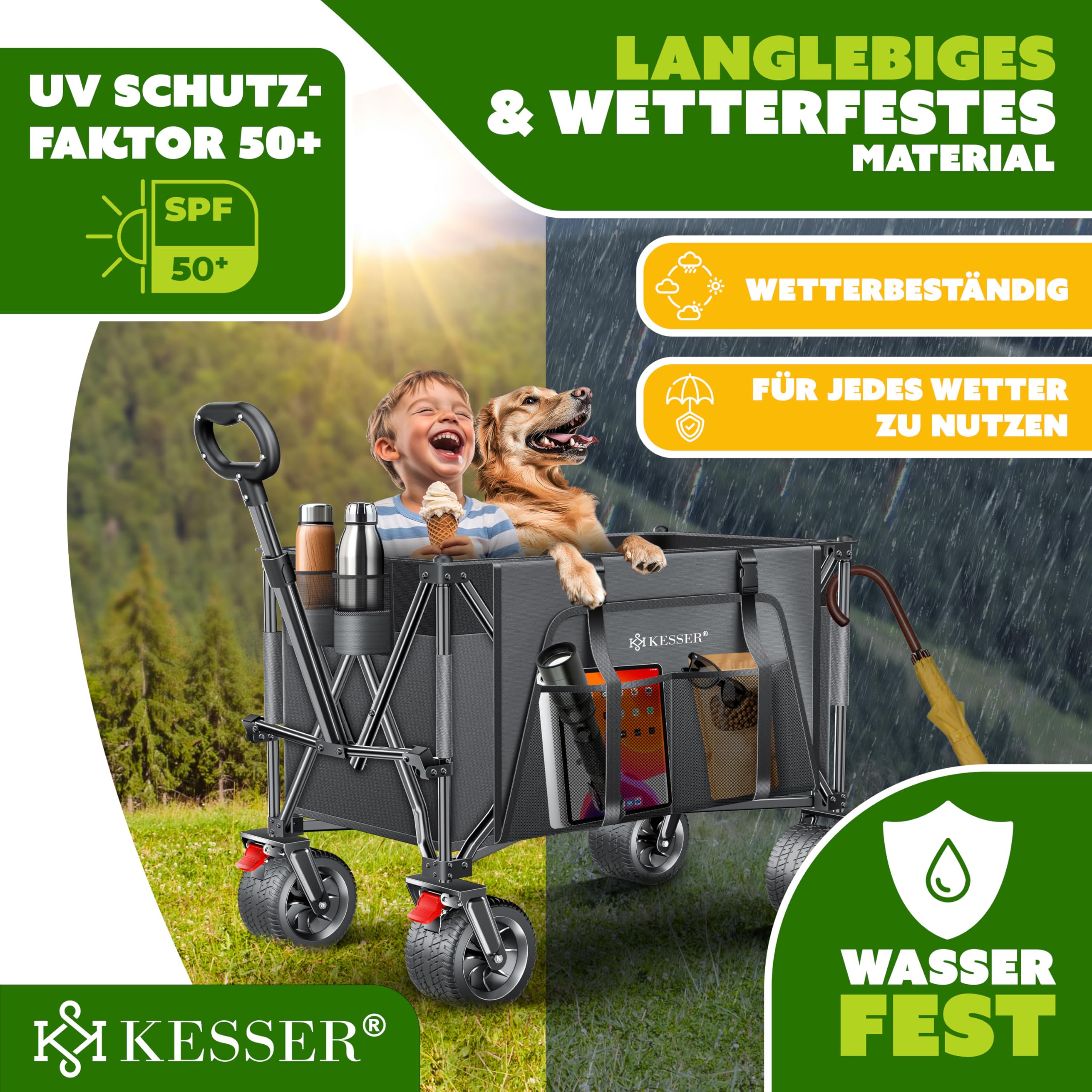 KESSER® Bollerwagen GTR9000 Handwagen 200Kg | 300L Stauraum Transportwagen faltbar extra breite 360° Räder & Feststell-Bremsen Wetterbeständig Strandwagen inkl Abdeckung Seitentasche & Getränkehalter