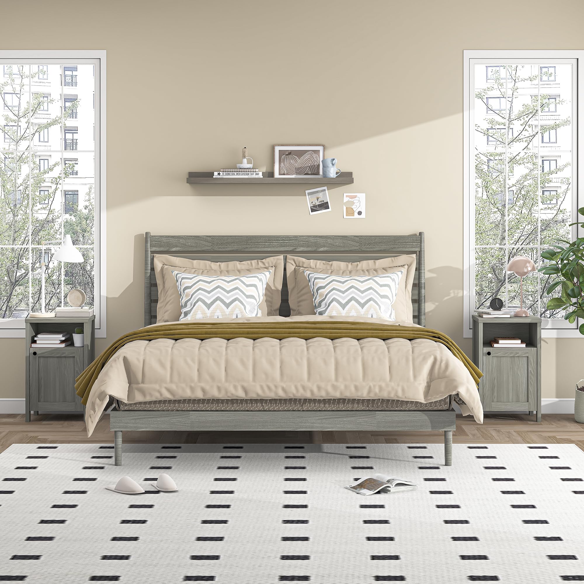 furtble Nightstands Set of 2, Farmhouse End Table, Rustic Sofa Side Table with Storage Shelf, Mid Century Modern Night Stand, Wooden Bedside Furniture for Bedroom, Living Room, Grey Oak