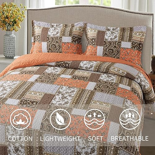 Vista 9 de VAPUTAR Colchas tamaño King – Juego de ropa de cama de algodón de otoño, 3 piezas, ligero, suave, tamaño King, juego de edredón bohemio de algodón