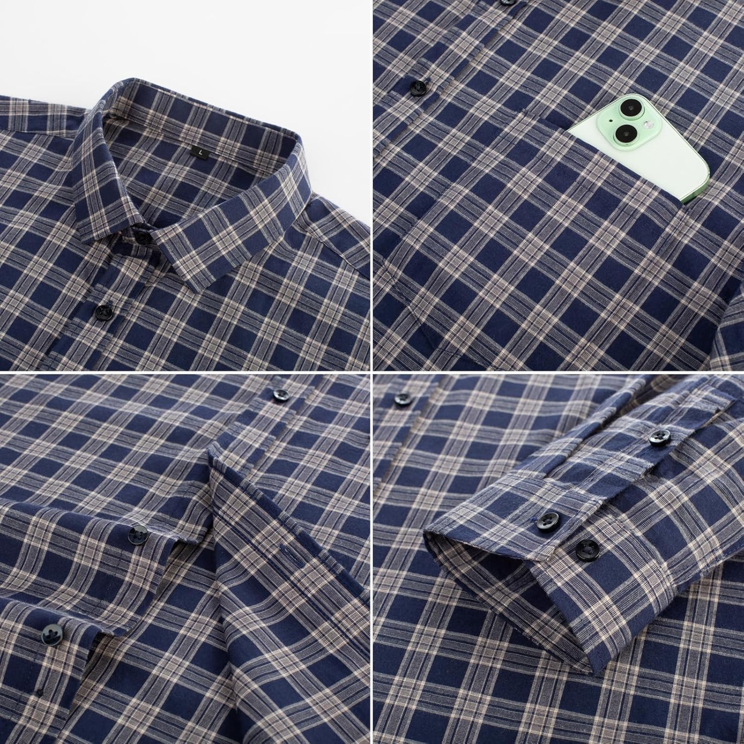 PJ PAUL JONES Mens Dress Shirts Cotton Long Sleeve Button Down Shirts Business Casual Plaid Tops with Pocket - Image 5