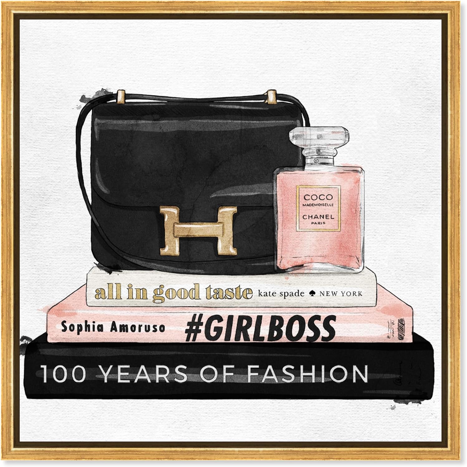 The Oliver Gal Artist Co. Fashion and Glam Framed Wall Art Canvas Prints 'My Always Essentials' Handbags Home Décor, 12" x 12", Black, Pink