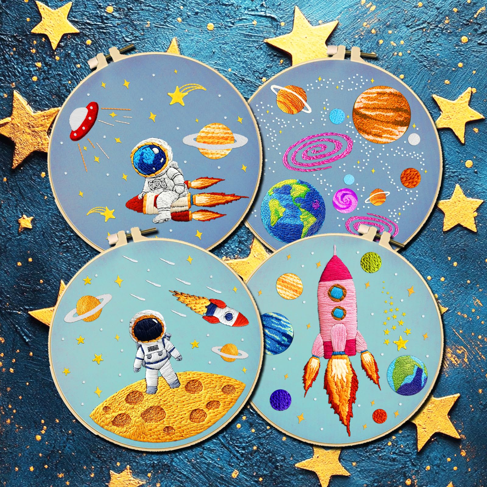 INFUNLY 4 Set Astronauten Sticksets für Anfänger Weltraum Kreuzstich Sets Mit Anleitung Raketen Stick Starter Sets für Erwachsene DIY Stick Nadelspitzen Sets Handgefertigte Näh Und Bastelsets