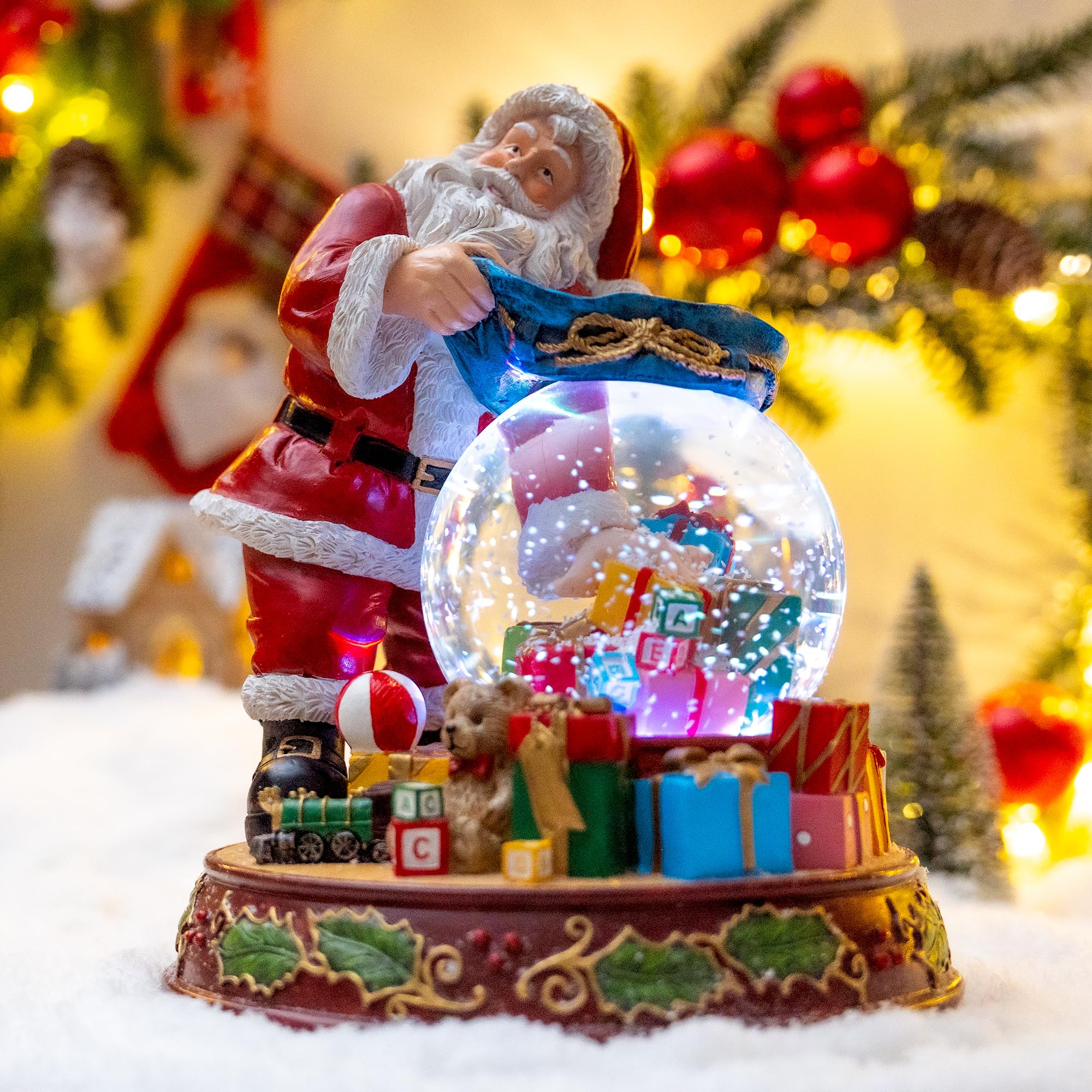 Santa Claus Snow Globe with Music Box, Automatic Snowfall, and LED Color Lights and Holiday Home Décor for Family, Friends, Plays 8 Classic Christmas Songs