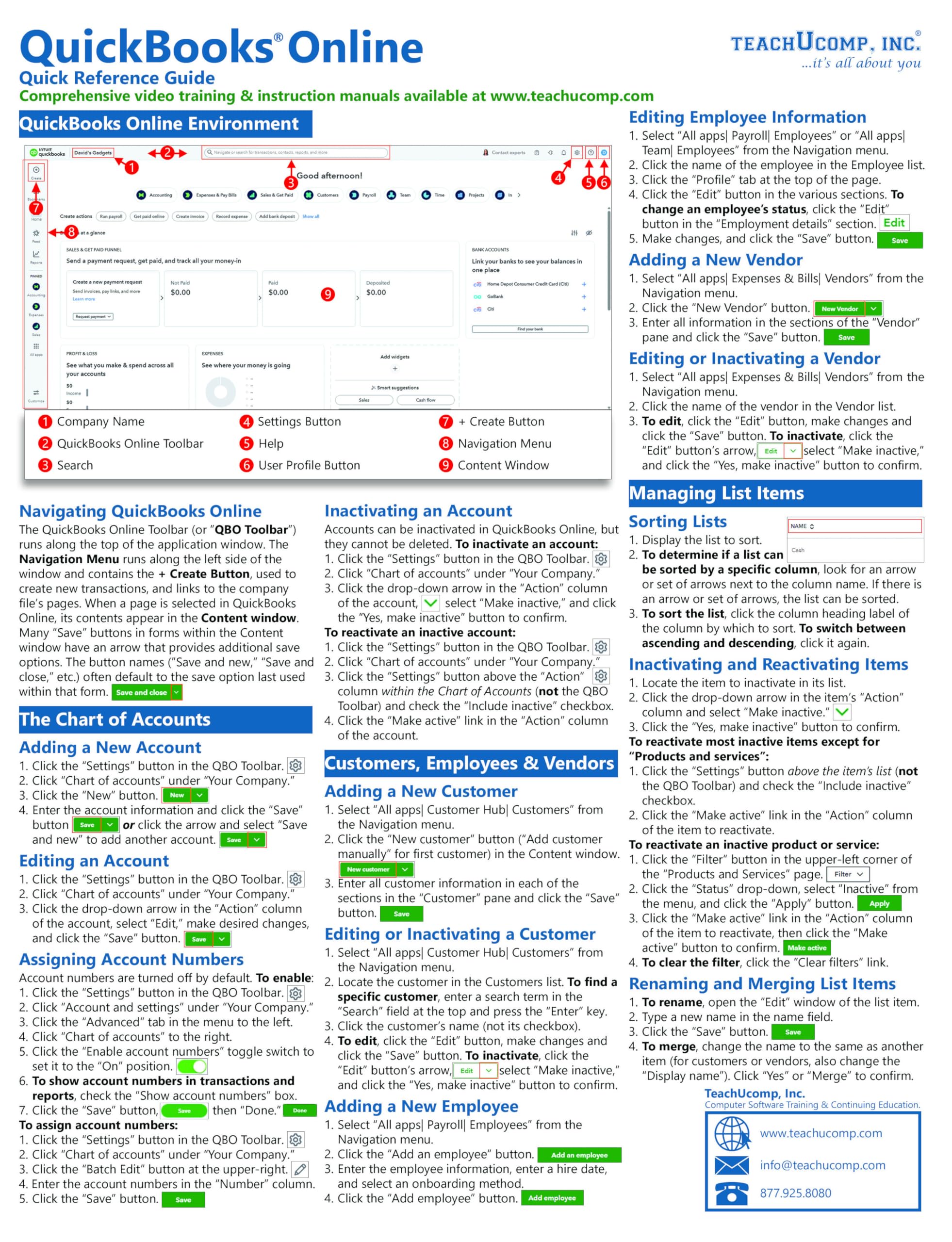 QuickBooks Online Quick Reference Training Card - Laminated Tutorial Guide Cheat Sheet (Instructions and Tips)