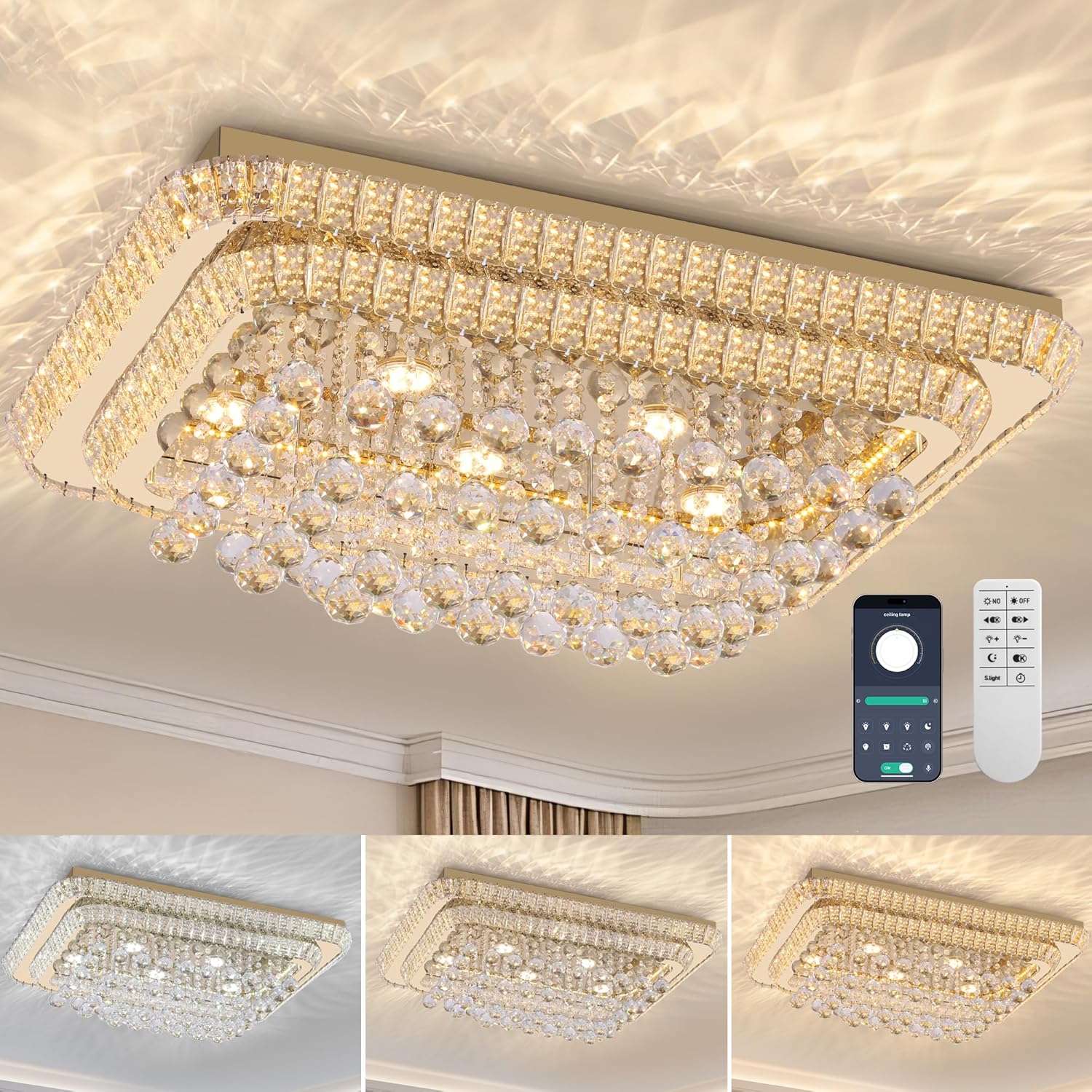 32 inch Crystal Flush Mount Chandelier, Modern Raindrop Crystal Gold Chandeliers with Remote and APP, 3 Colors Temp & Brightness Adjustable, Ceiling Light for Bedroom Hallway DiningRoom Living Room Gold 32 inch