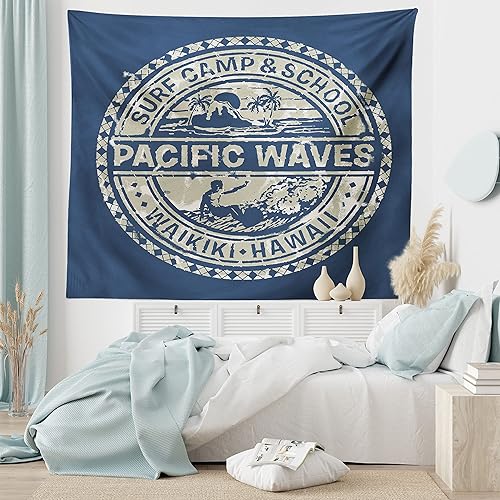 Miniatura 6 de Ambesonne Tapiz moderno, campamento de surf de olas del Pacífico y diseño de efectos de logotipo de Hawaii, colgante de pared ancho para dormitorio,