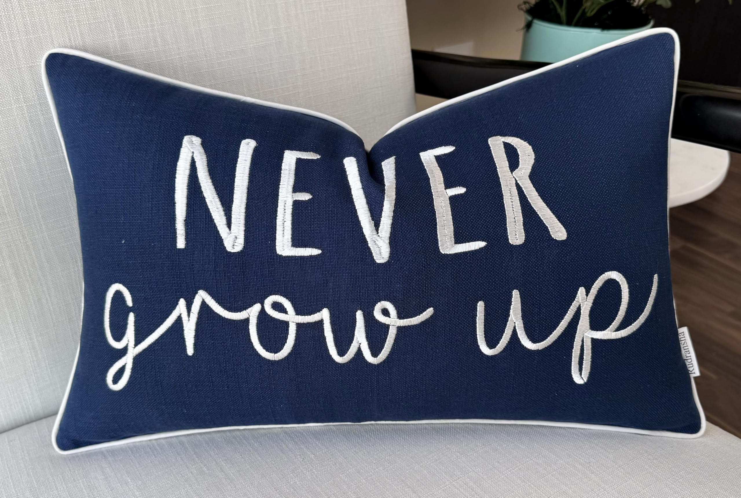 Rudransha 12x20 Never Grow Up Lumbar Pillow Cover - Embroidered Quote Design - Whimsical Cushion for Bedroom, Sofa, Playroom, Reading Nook - Dreamy