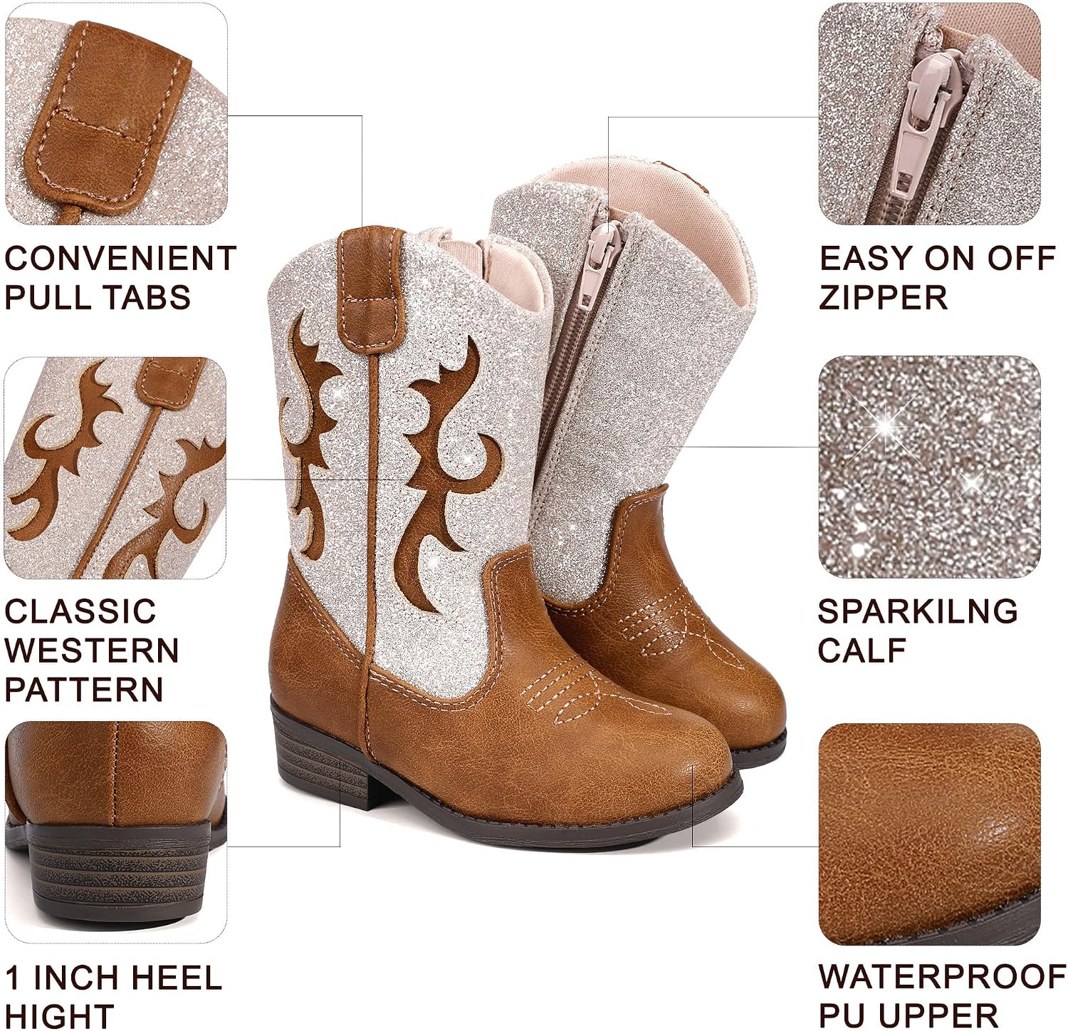 shoeslocker Girls Western Boots Mid-calf with Side Zipper Glitter shoes for Toddlers Little Kids
