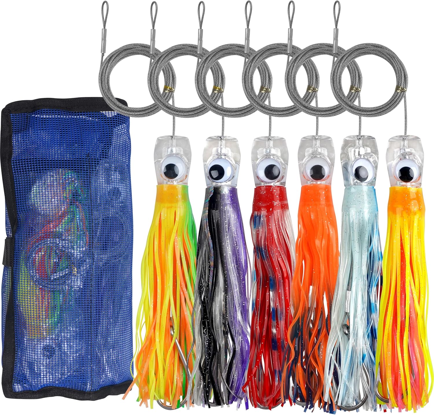 Trolling Lure Saltwater, 6.5/9inch 6pcs Squid Skirted Deep Sea Fishing Lure Kit Wire Rigged Tuna Marlin Wahoo Shark Mahi Trolling Fishing Lures with Mesh Bag