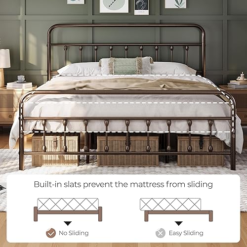 Miniatura 14 de Topeakmart Marco de cama de metal de estilo victoriano tamaño matrimonial con cabecero, base de colchón, no necesita somier, almacenamiento debajo