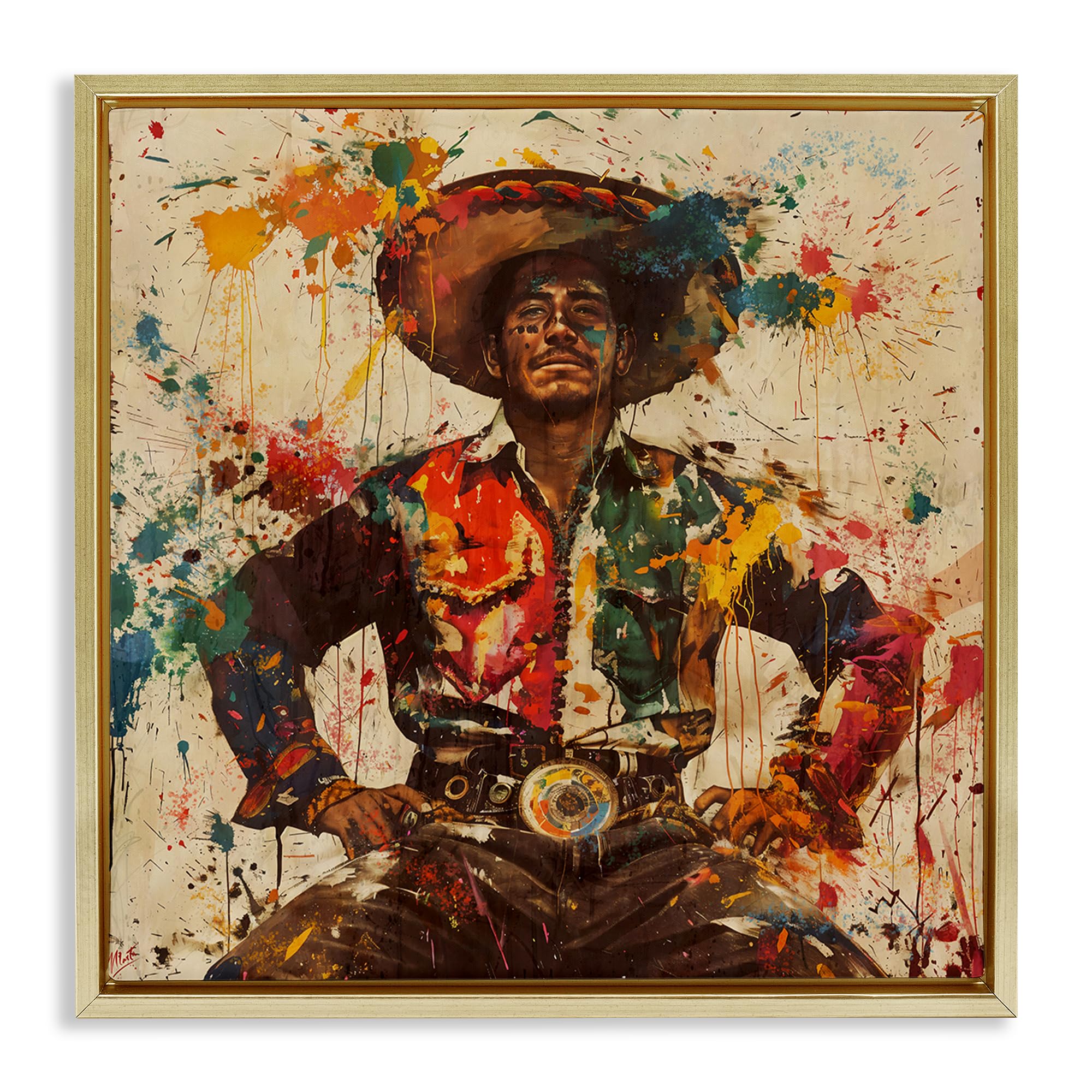 Stupell Industries Metallic Gold (Matte) 'El Mexicano With Paint Splatters'| Floating Frame Canvas Art