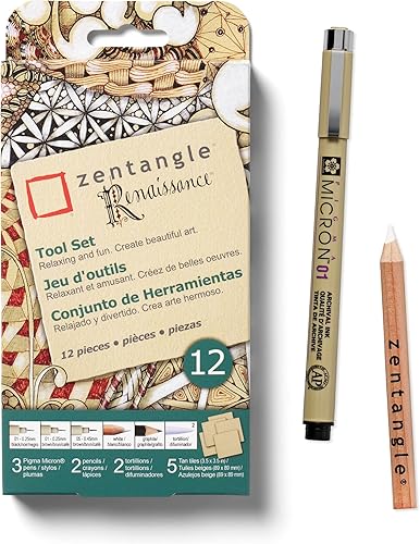 Sakura Zentangle Renaissance - Juego de herramientas – 1 bolígrafo de micrón negro, 2 bolígrafos de micrón marrón, 1 lápiz de carbón blanco, 1 lápiz