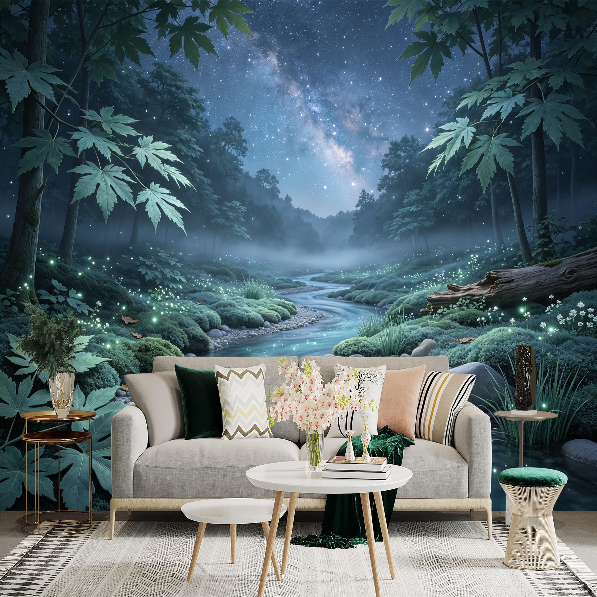 Lnzczhyre Bh260719630 Custom Size Wall Sticker Mural， Enchanted Stream In Night Forest， Glowing Fireflies， Milky Way Galaxy， Serene Nature Landscape， For Wall Decoration， Peelandstick Wall Decals.