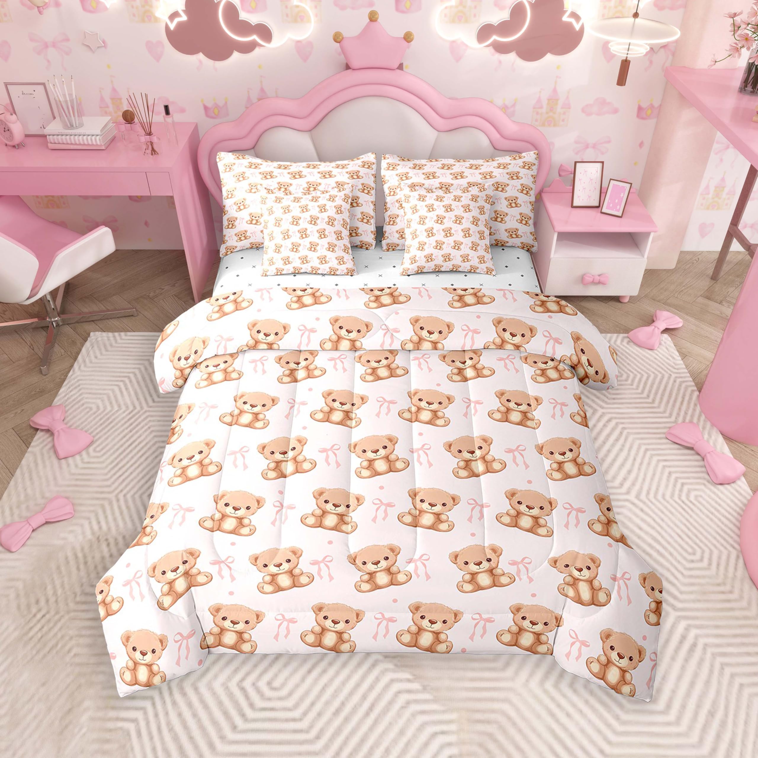 jejeloiu Kids Bear Comforter Set 7 Pieces Full Size Pink Bowknot Geometry Bedding Set for Boys Girls Cute Princess Themed Bed Set Bed in a Bag with