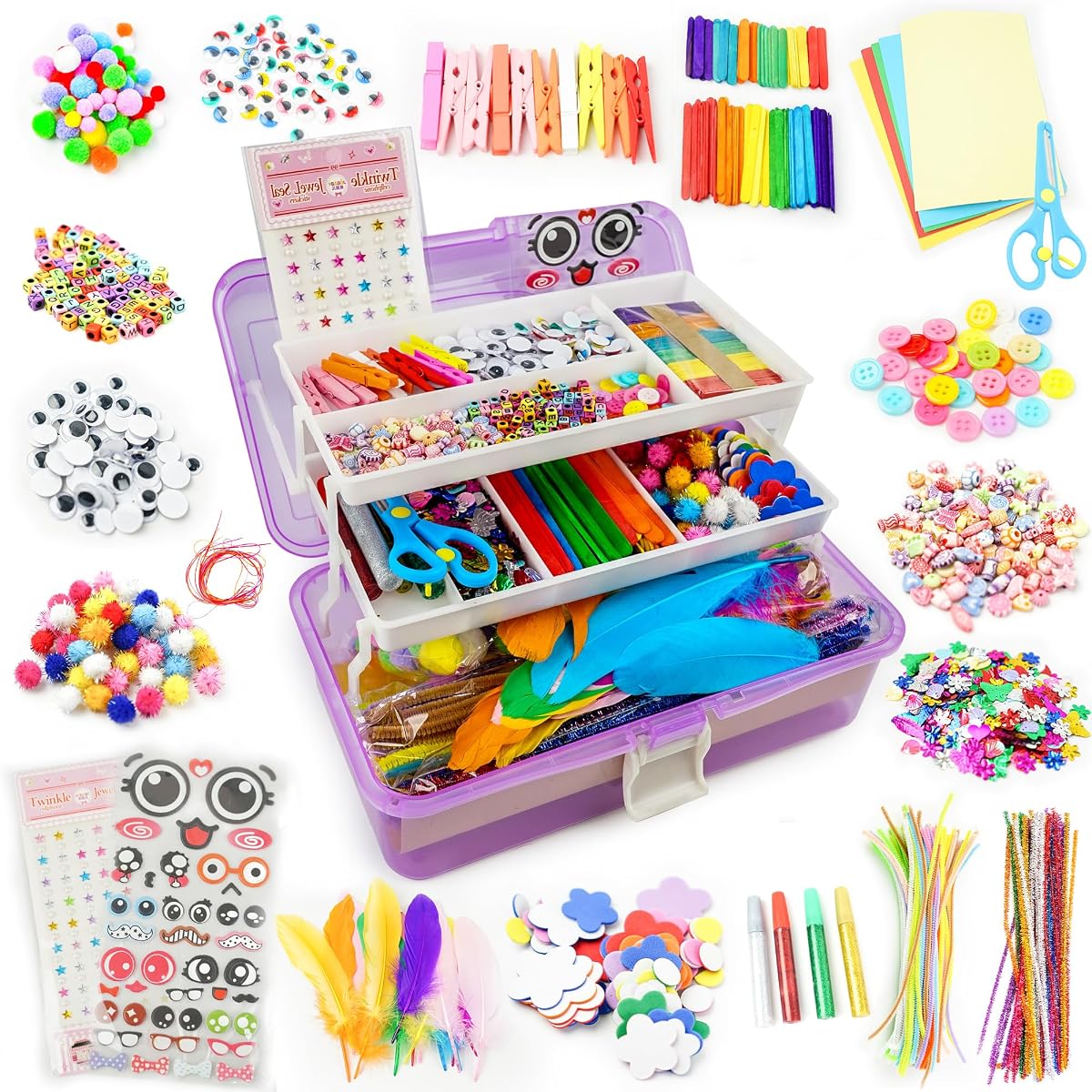 Kids Arts and Crafts, 1000+ PCS Craft Kits with Storage Box | Portable 3-Layer Folding Storage Box, 1000+ Pcs DIY Craft Supplies, School Craft Projects, Gifts for Girls Ages 4-12