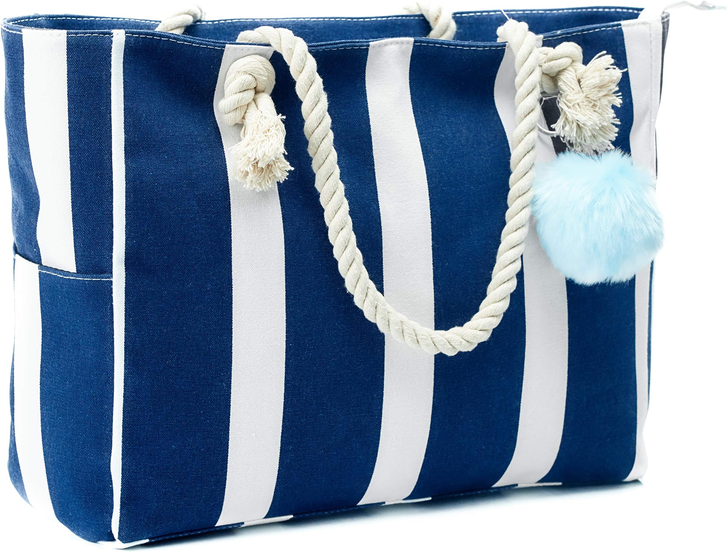 Large Canvas Shoulder Bag - Beach Tote with Cotton Rope Handles and Cute Pompom