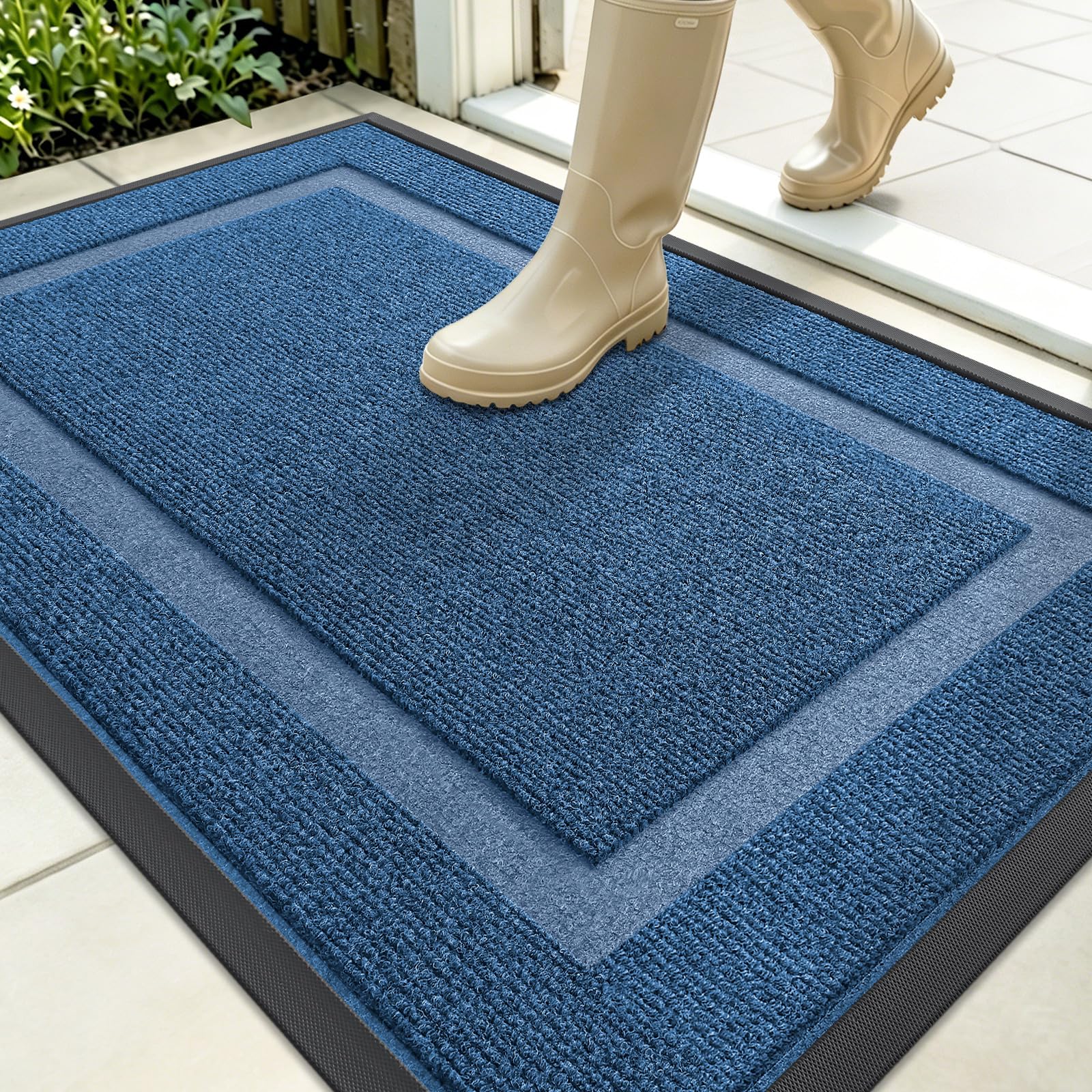 OLANLY Front Door Mat Outside 35x23, All-Season Heavy-Duty Rubber Doormat | Light Blue, Absorbent, Stain Fade Resistant, Waterproof Non-Slip Backing, Low-Profile Indoor Outdoor Floor Mat for Entryway