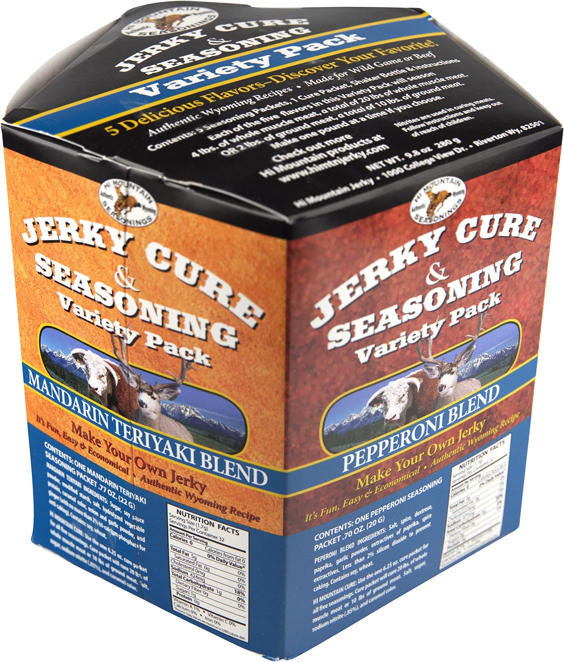 Hi Mountain Jerky Seasoning and Cure Kit | VARIETY PACK #2 | 5 Delicous Flavors: Mandarin Teriyaki, Pepperoni, Sweet & Spicy, Inferno, Pepper | Make Beef Jerky at Home | Beef, Deer, Elk & Venison