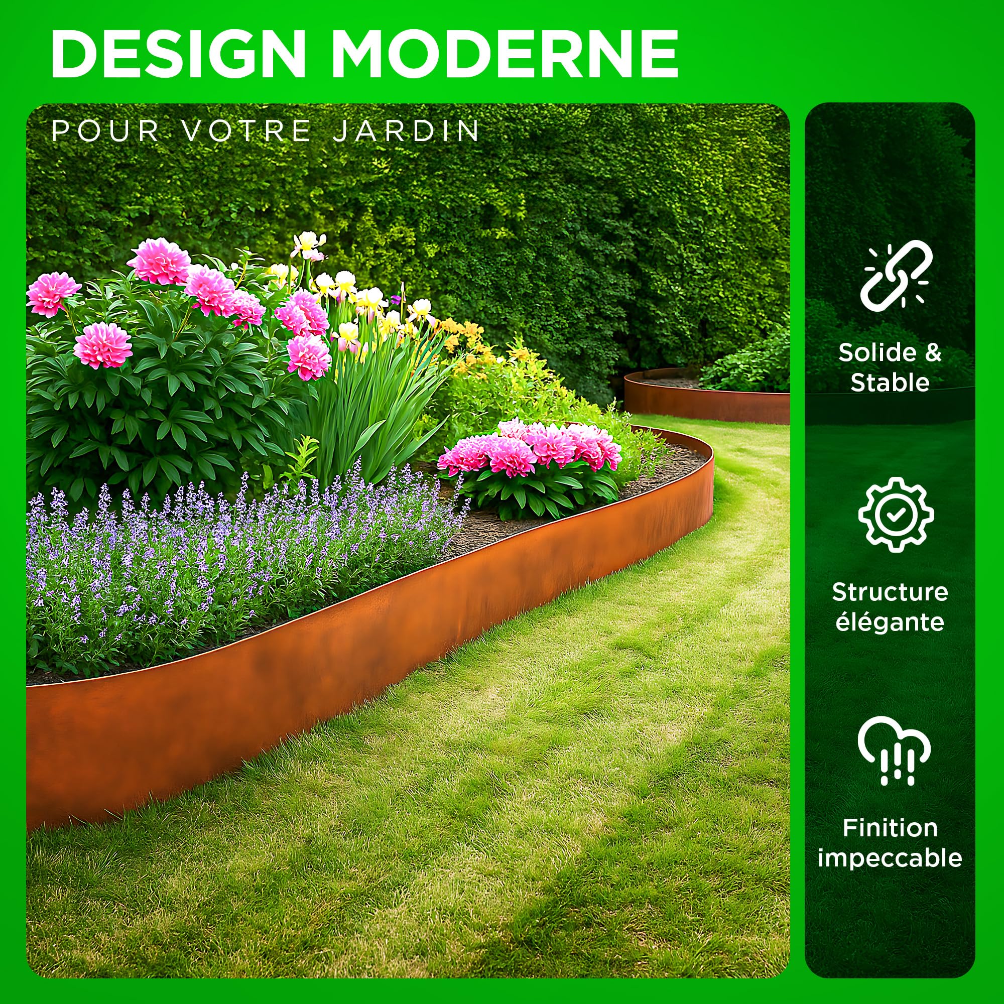 Bordure Acier Corten 10 Mètres | Bordure Jardin Exterieur 14cm de Hauteur | Design Flexible & Facile à Installer | Gants, Cale en Bois, Connecteurs et eBook Inclus