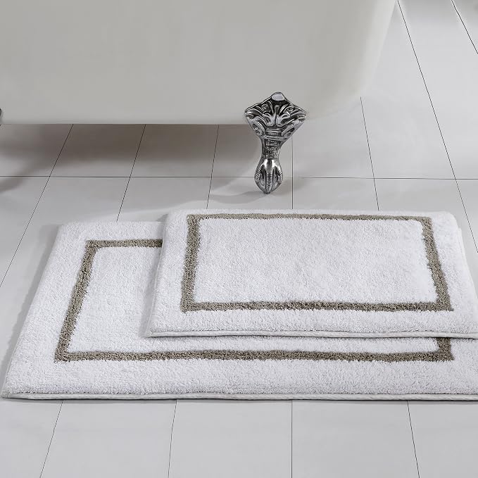 Modern Threads 2-Pack Reversible Contrast Stripe Bath Mat Set 17-inch by 24-inch & 21-inch by 34-inch, Taupe