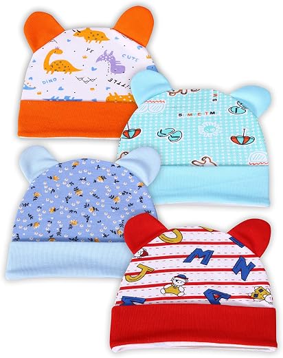 MOM'S DARLING New Born Baby caps for new Born 0-6 Months - (Pack of 4) | Cotton Baby Cap Set for Baby boy &amp; Girls| Baby Pr...