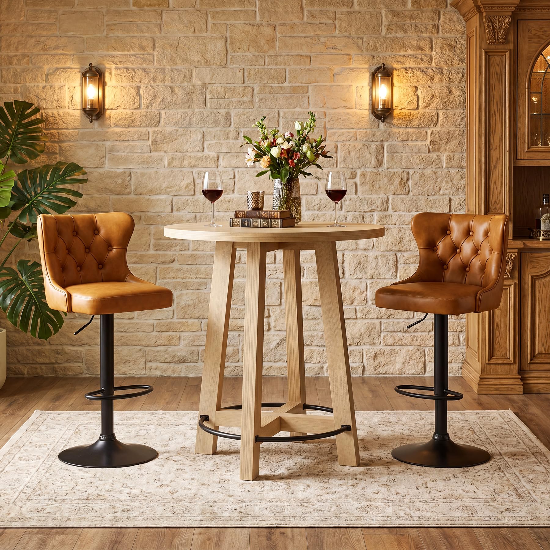 Tribesigns Round Bar Table, 37" H Top Cocktail Bistro Pub Table with Metal Footrest, 4 Legs High Pub Table for Kitchen Breakfast Bar Bistro Cafe, Light Oak