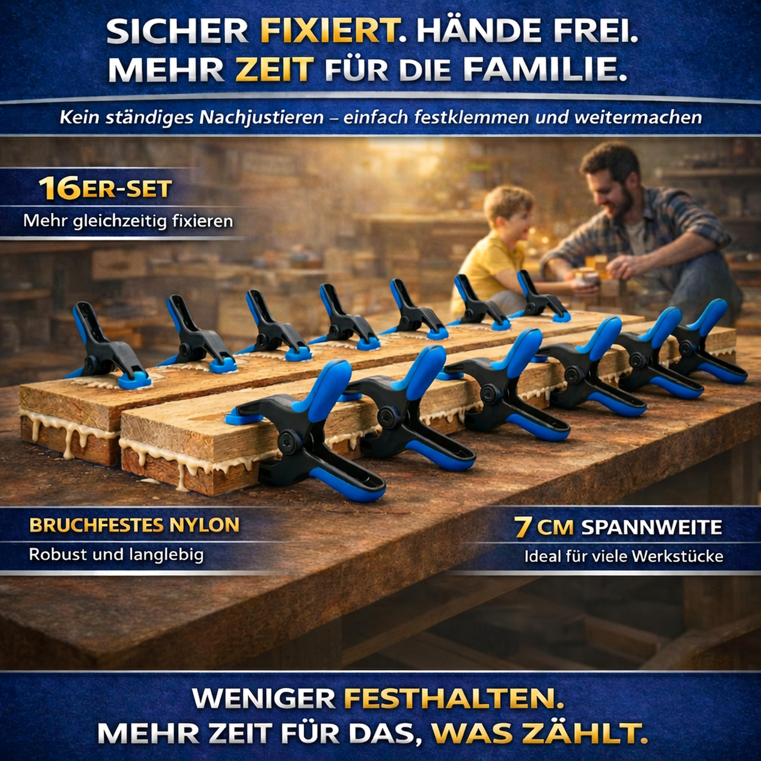 Lot de 16 serre-joints avec une force de serrage de 13 kg et une envergure de 7 cm pour des fixations solides et stables à coller, pour des toiles photo ou comme protection de bâche de piscine