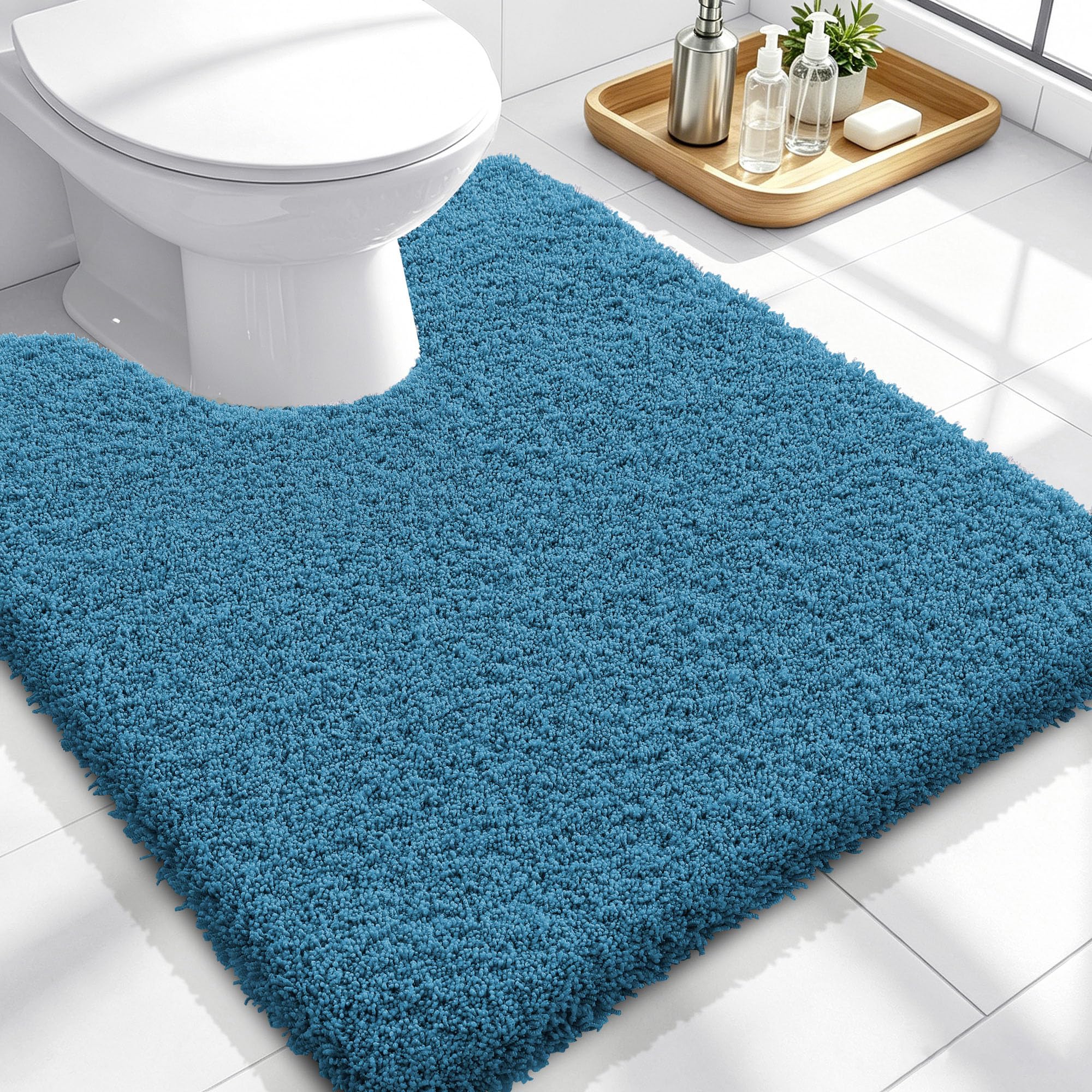 OLANLY Microfiber Soft Bathroom Toilet Rugs U-Shaped, 24x20, Peacock Blue