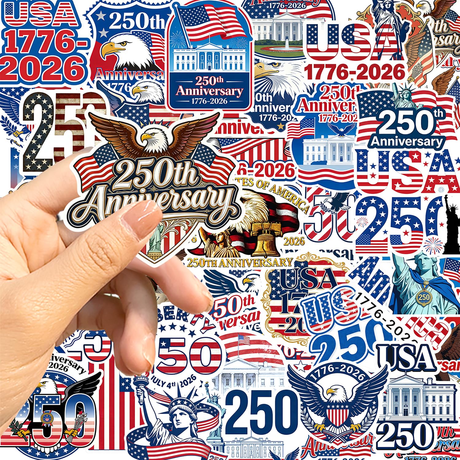 A pack of 50 KKilicy 250th Anniversary waterproof vinyl stickers featuring patriotic USA designs.