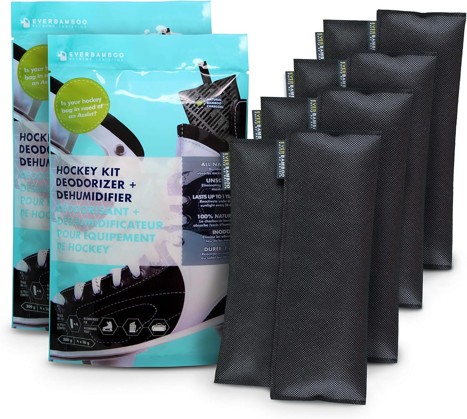 Ever Bamboo Hockey Gear Deodorizer Bag Set w/Bamboo Charcoal (4 x 50 g, 4-Pack)
