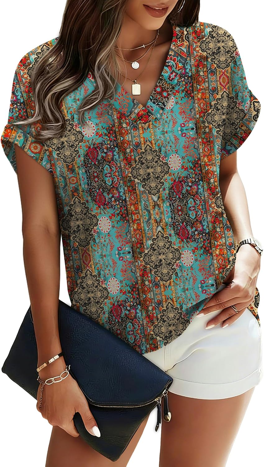 WIHOLL Short Sleeve Shirts for Women Business Casual Tops Summer Outfits for Women 2026 Spring Fashion Clothing Boho Tops Old Money Clothes Trendy School Outfits for Teachers Floral XL