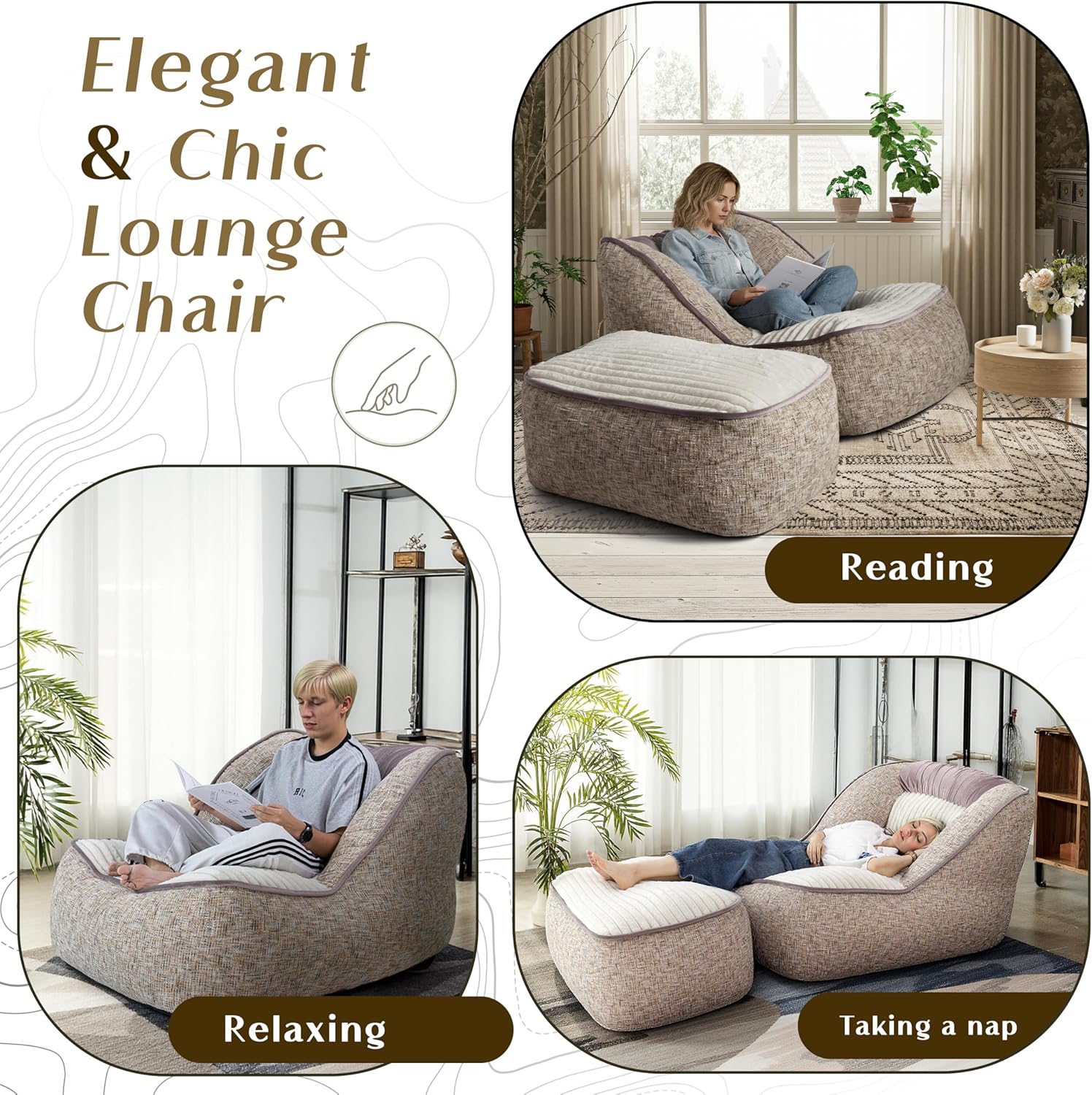 Giant Bean Bag Chair for Adults, Oversized Comfy Lounge Floor Sofa, Luxury Faux Fur Large Chair for Living Room, Bedroom, Dorm, Gaming Room, Cozy Reading Chair