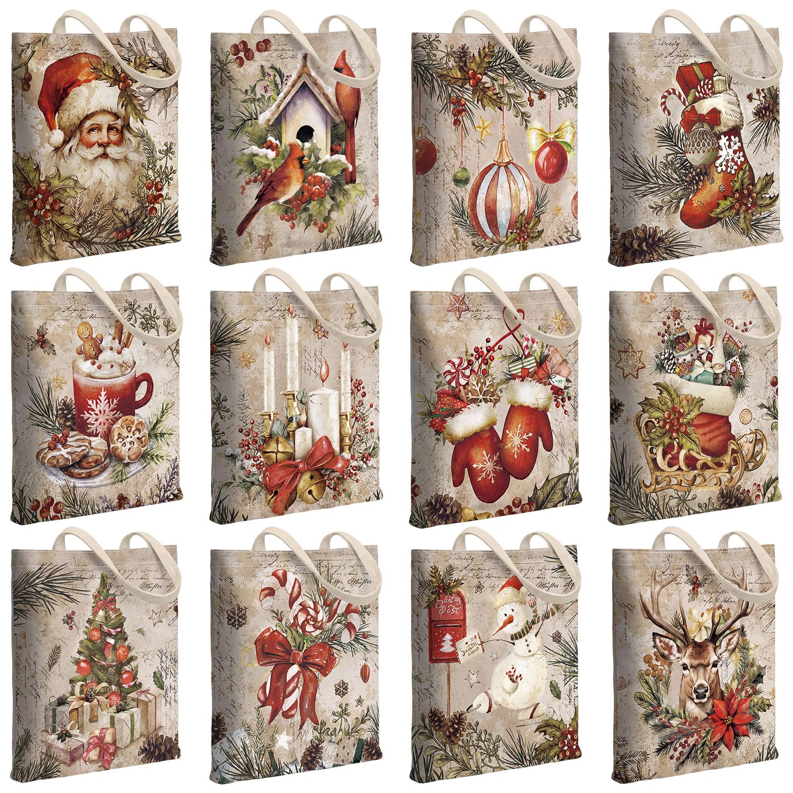 Paterr 12 Pcs Vintage Christmas Canvas Tote Bags Bulk Reusable Retro Christmas Gift Bags with Handles Xmas Tree Santa Claus Cardinal Canvas Handbags for Women Xmas Gifts Farmhouse Party Decor Supplies