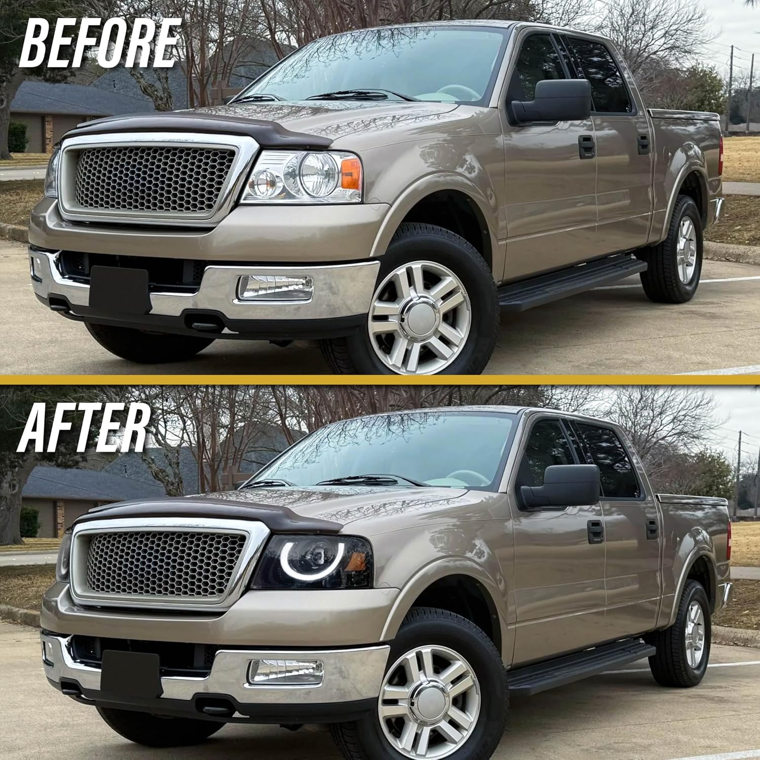 USR 04-08 P221 PickUp Front Head Lamps 2pc Set (Left + Right) Compatible with 2004-2008 Ford F150 Pick Up Truck (Black Projector FULL LED Headlight with U SHAPE Turn Signal and DRL/AMBER REFLECTOR)