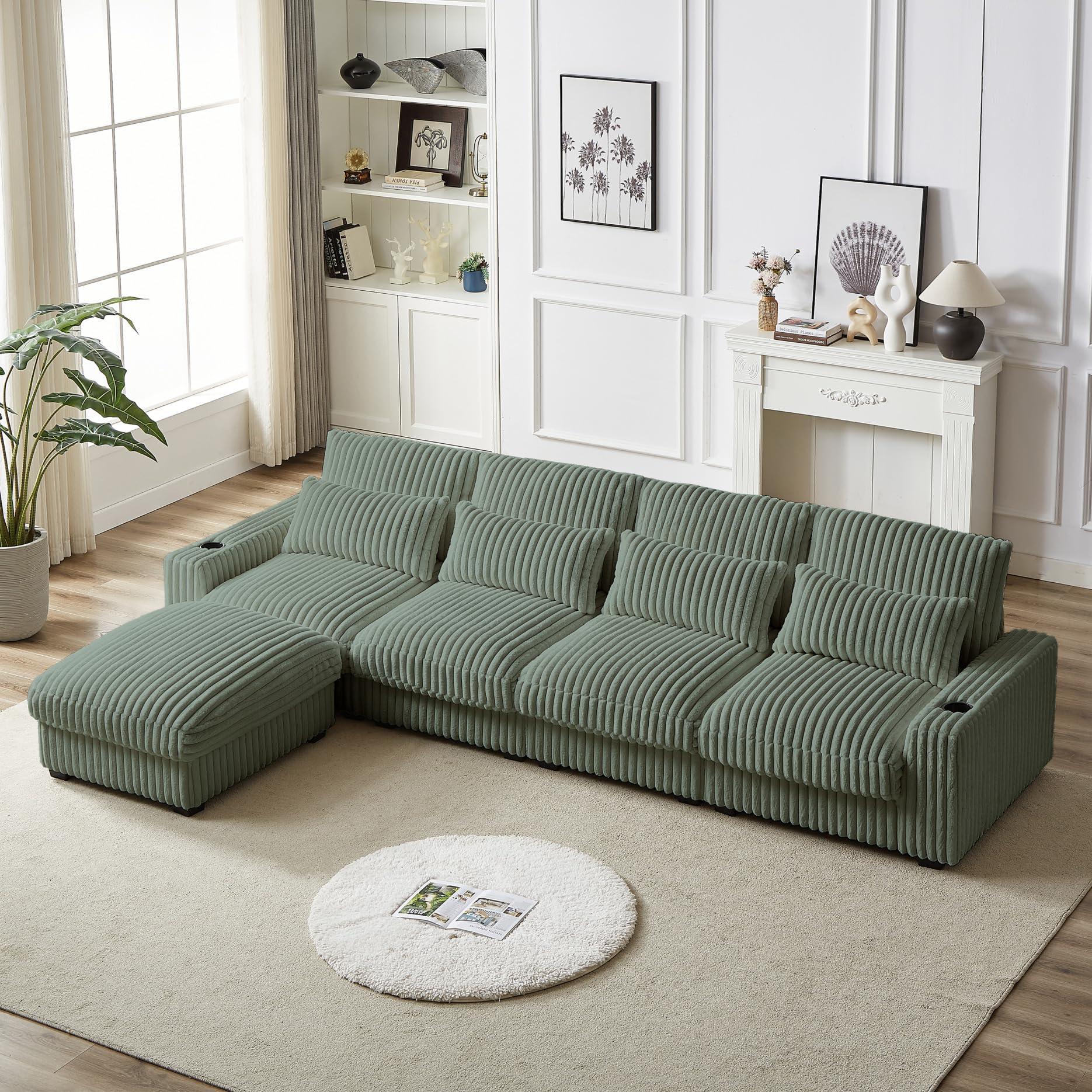 126" Modular Sectional Sofa, Convertible L-Shaped Couch with Cup Holders and Charging Station, 4-Seater Comfy Cloud Couches with Movable Ottoman and 4 Waist Pillows, Army Green(Ottoman only)