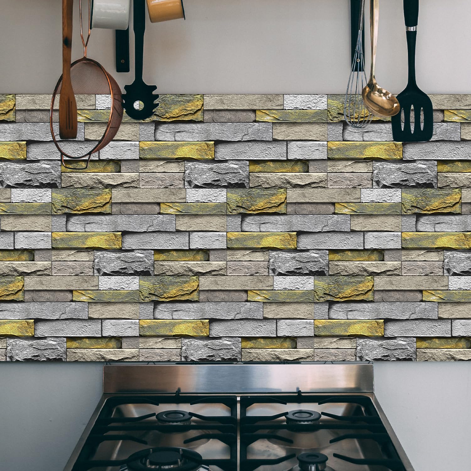 Alwayspon 12Pcs 30x15cm Peel&Stick Wall Sticker Vinly Wallpaper, Waterproof Backsplash for Kitchen Bathroom, Self-Adhesive Tile Transfers Decal Stick on Tiles with Yellow Stone Brick Effect