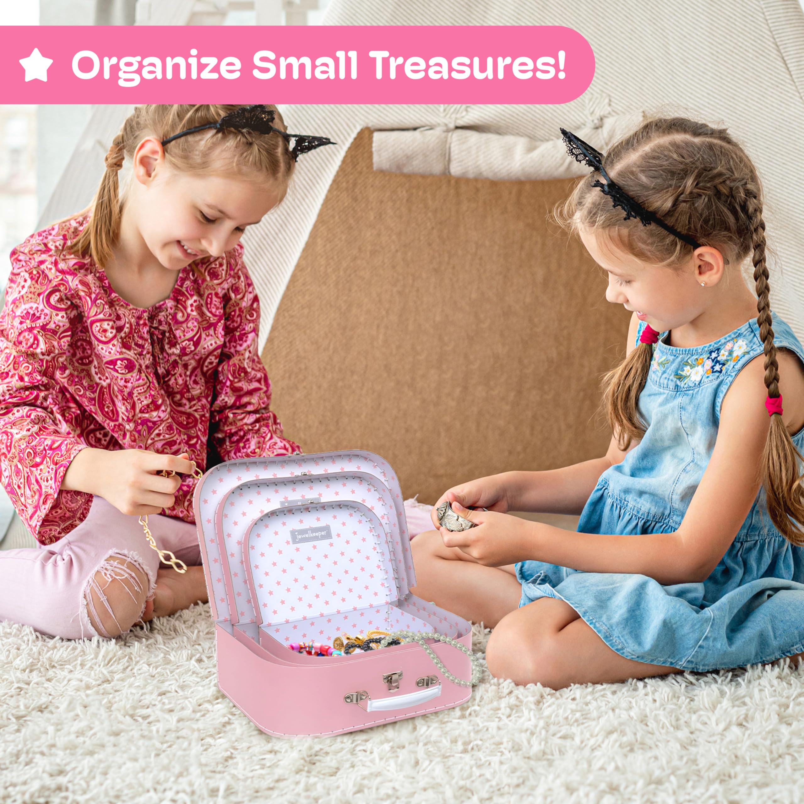 Jewelkeeper - Valigie in Cartoncino, Set da 3 – Scatole Regalo Portaoggetti Impilabili per Compleanno Matrimonio Natale Nursery Ufficio Decorazione Vetrine Giocattoli Foto - Disegno Rosa Chiaro Baby