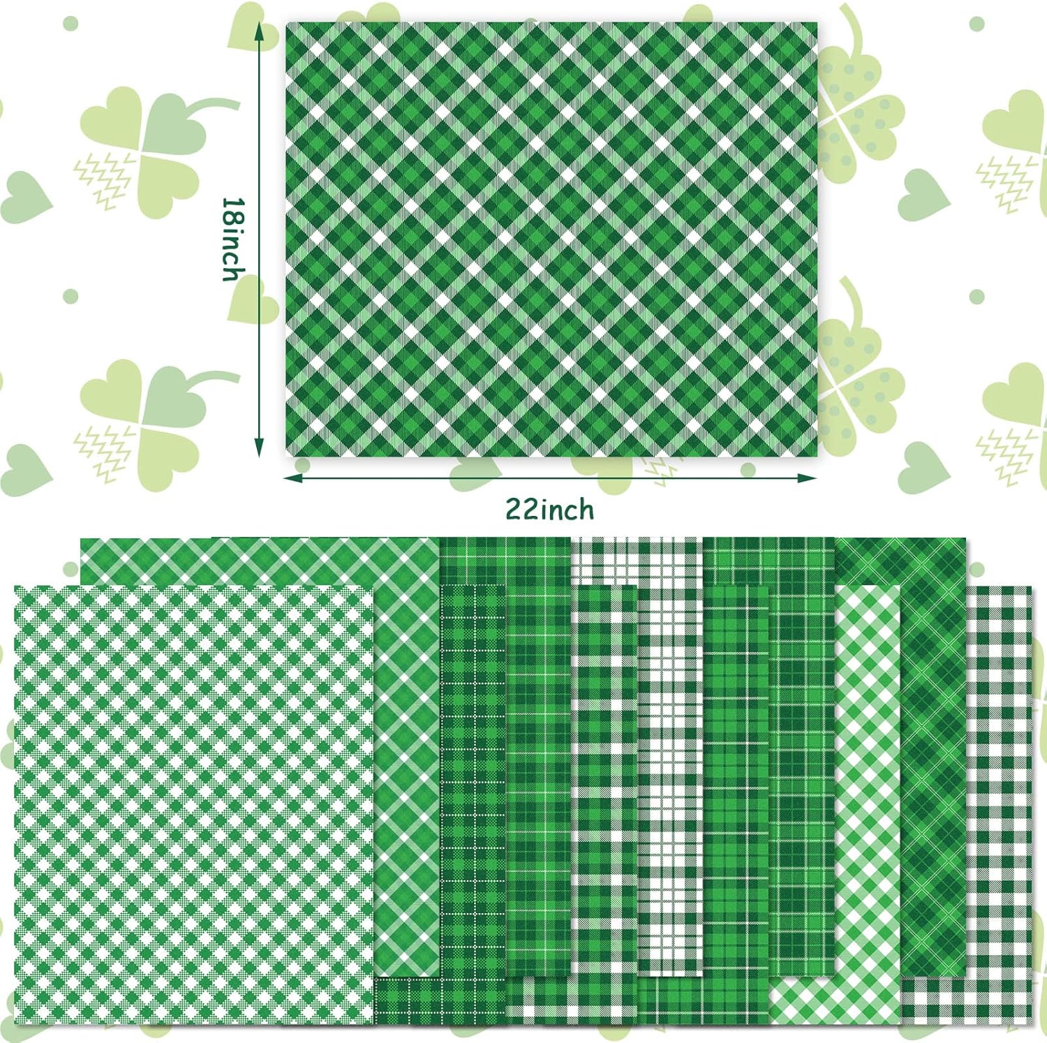 Whaline 12 Pcs St. Patrick's Day Cotton Fabric Bundles 18 x 22 Inch Green Buffalo Plaid Printed Fat Quarters Quilting Patchwork Squares Sewing Fabrics for DIY Craft Party Decor