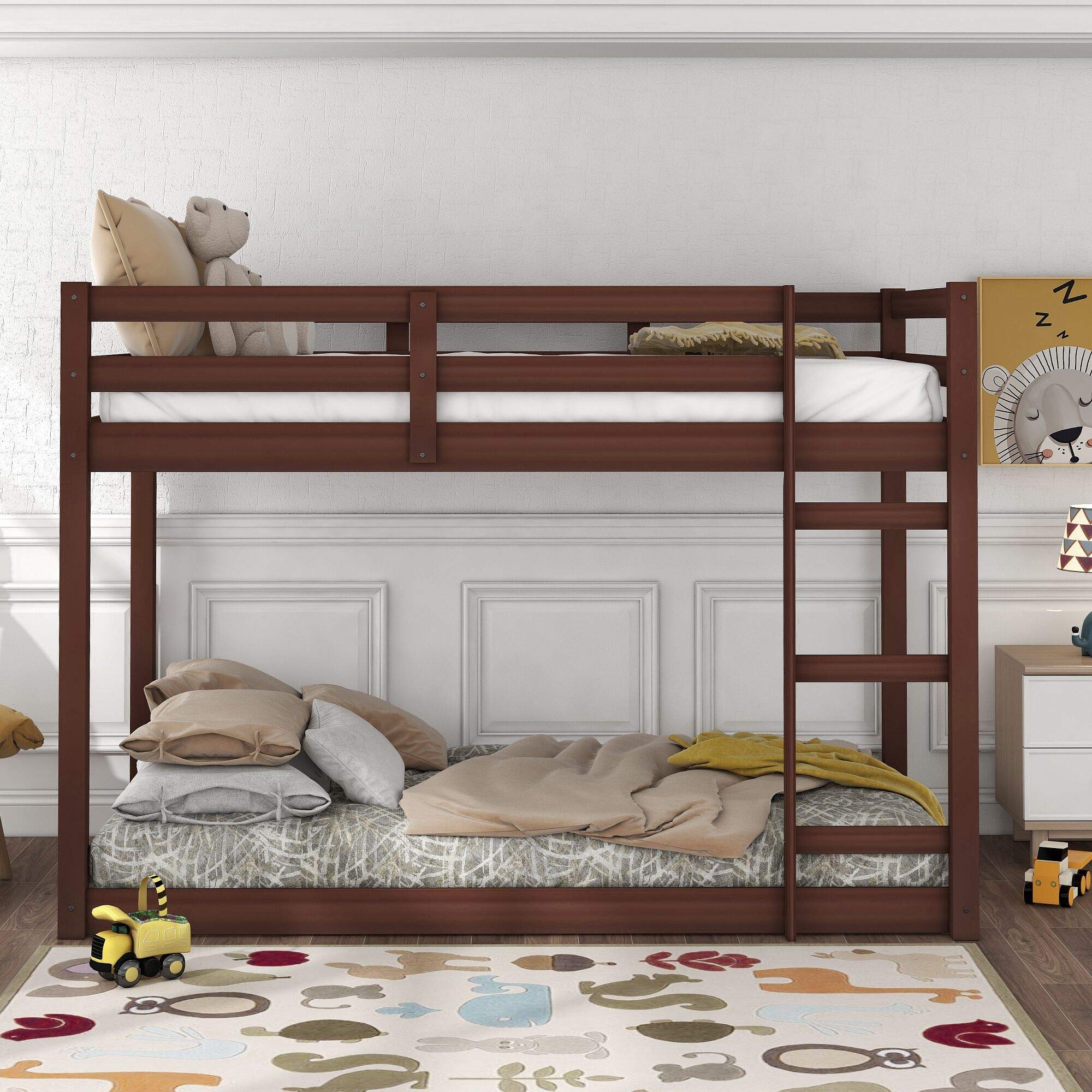 Harper & Bright Designs Twin Over Twin Bunk Bed with dimensions labeled
