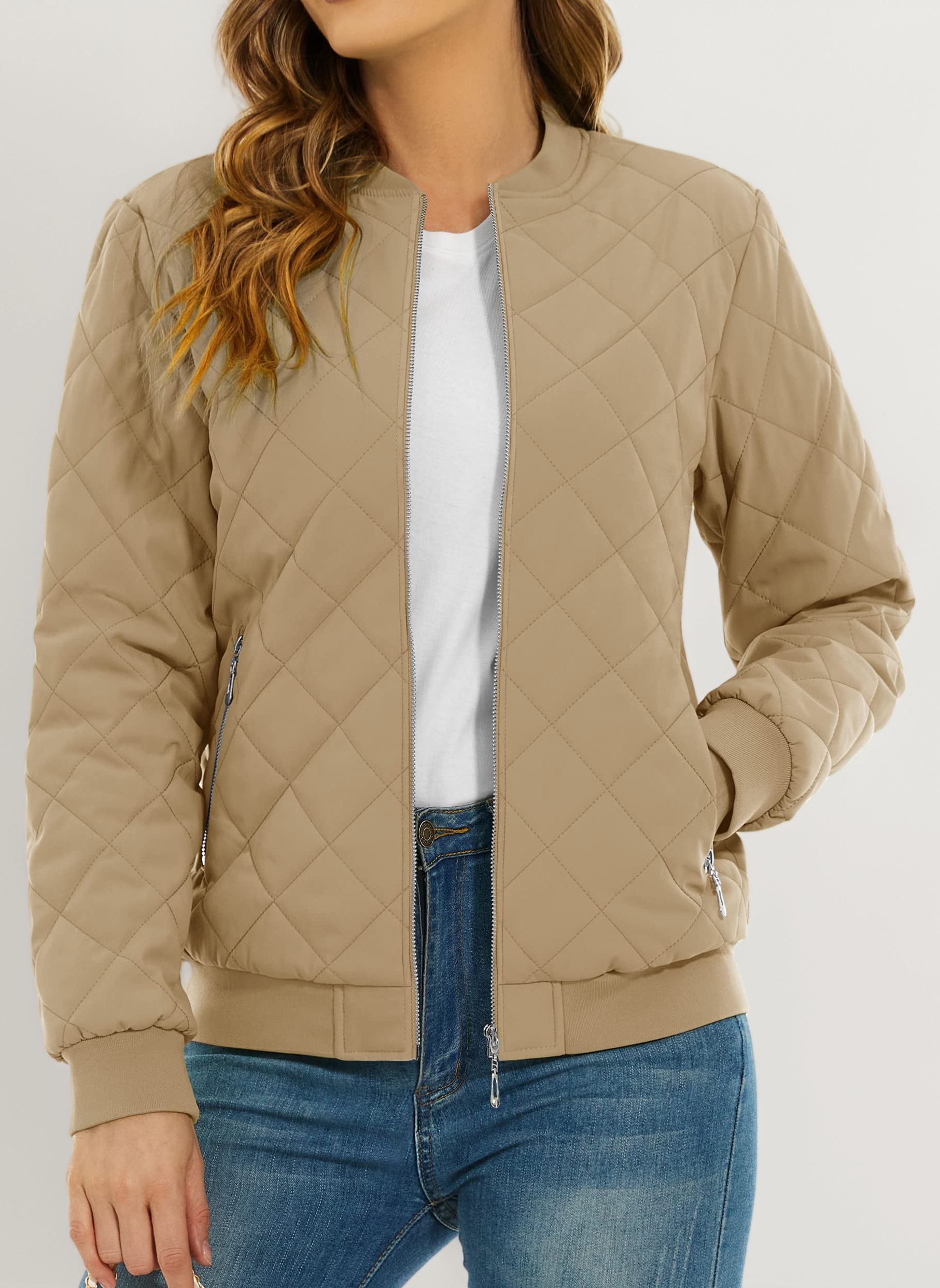 Women's Diamond Quilted Jackets Full Zip Winter Bomber Jacket Padded Coats Casual Warm Jacket with Pockets