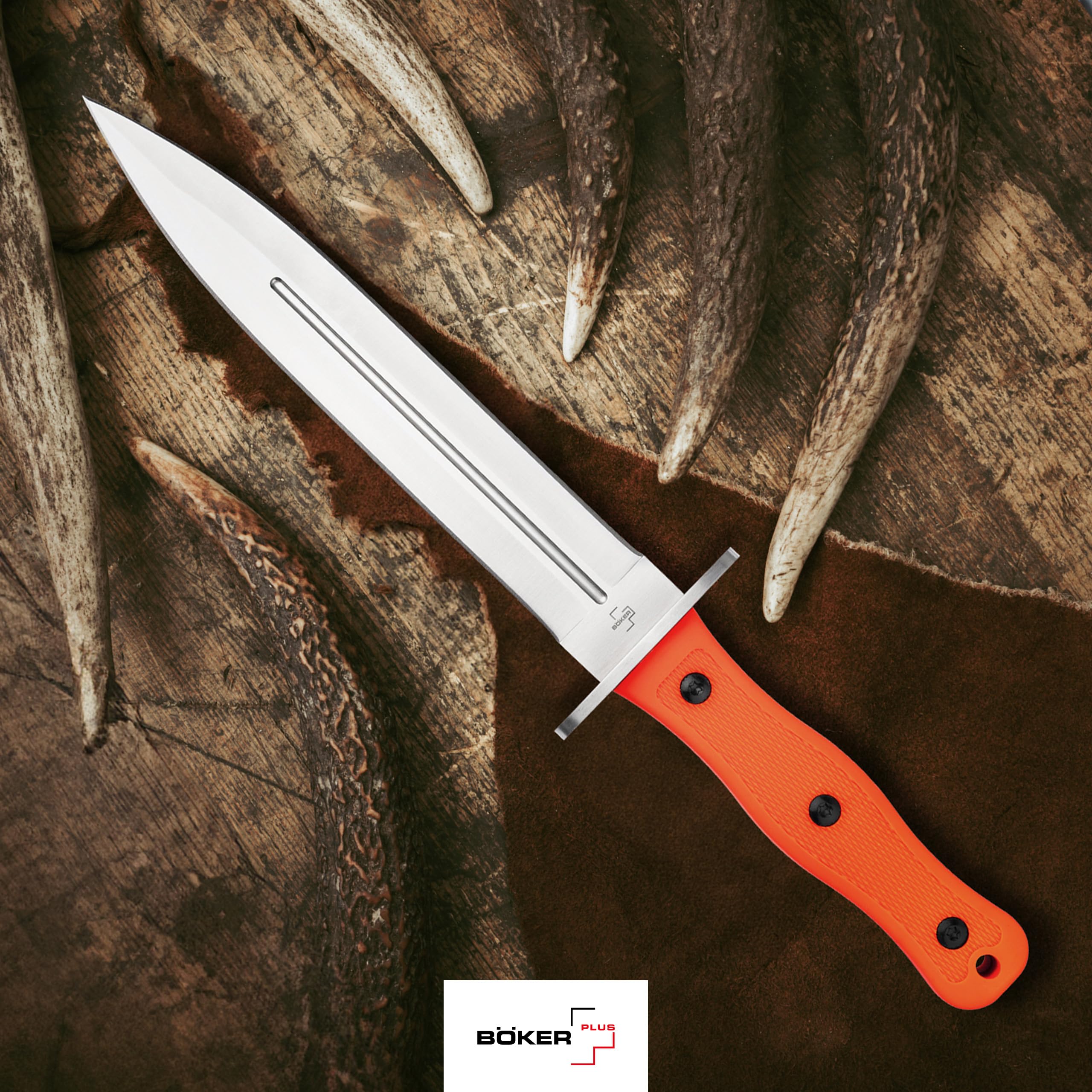 BÖKER PLUS® Boar Dagger - Abfangmesser für Rot- & Schwarz-Wild - zweischneidiges Jagdmesser feststehend - Hirsch- & Saufänger in Speer-Form - Fulltang Messer mit 22,9 cm Edelstahl Dolch Klinge