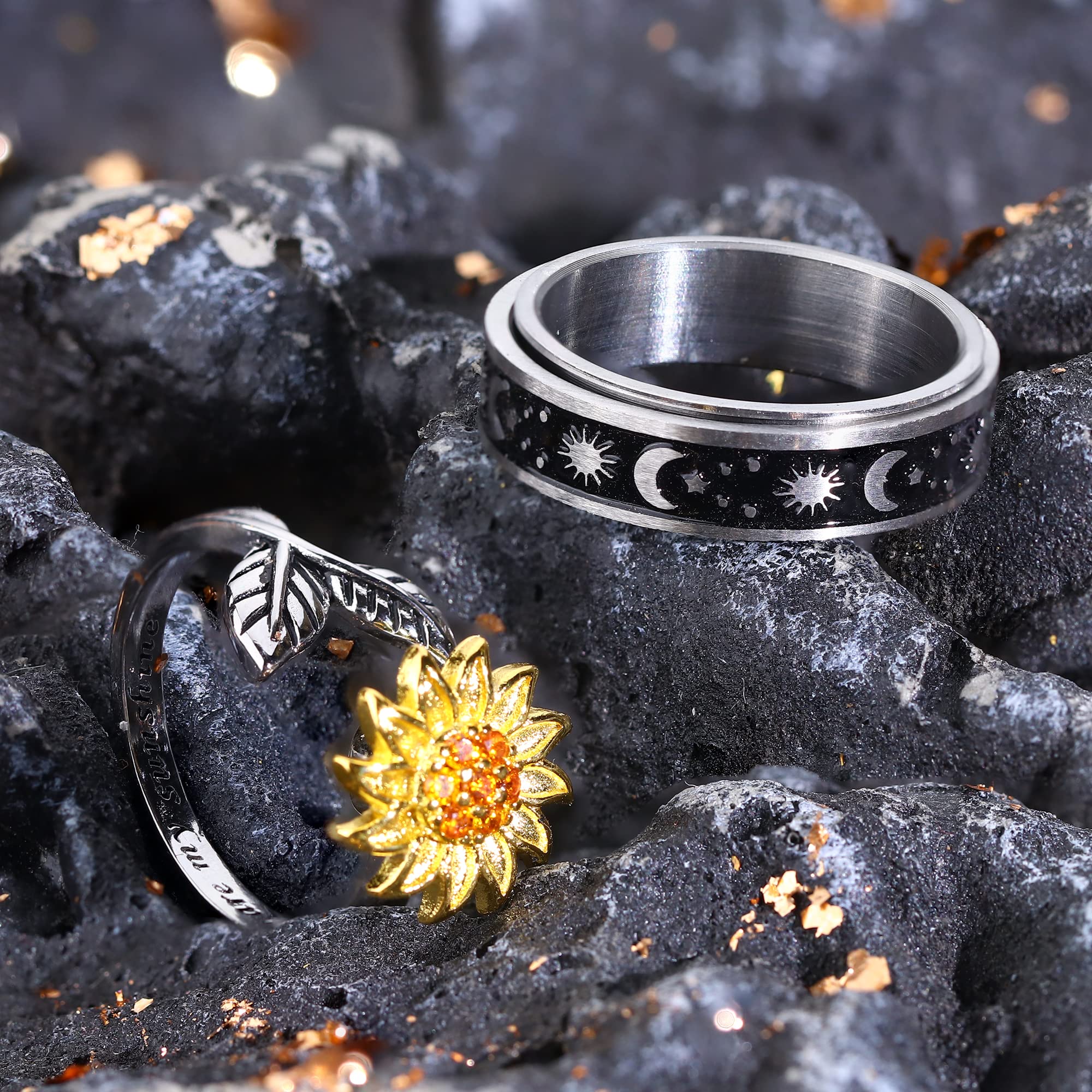 Jstyle Fidget-Angst-Ringe für Frauen, Spinner-Bandringe für Angst, verstellbare Sonnenblumen-Perlen, Stressabbau, drehbar, stapelbares Ring-Set, bequeme Passform, Größe 4–12, 11 Stück