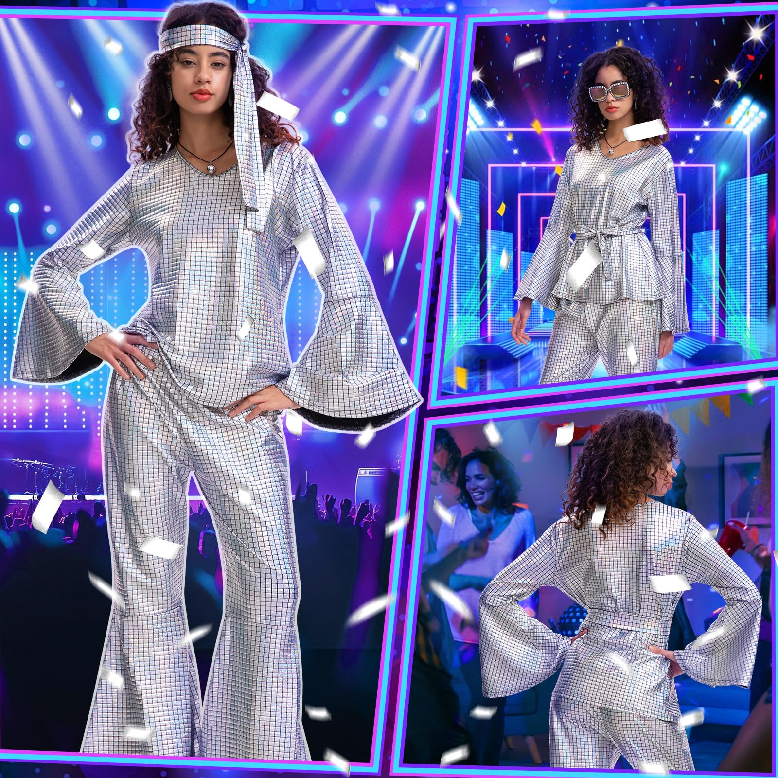 Ulikey Costume da Discoteca da Donna, Brillante 9 Pezzi Set da Discoteca da Donna Vestito Anni 70 con Orecchini, Collana, Occhiali da Sole, Parrucca per Carnevali, Riunioni di Famiglia